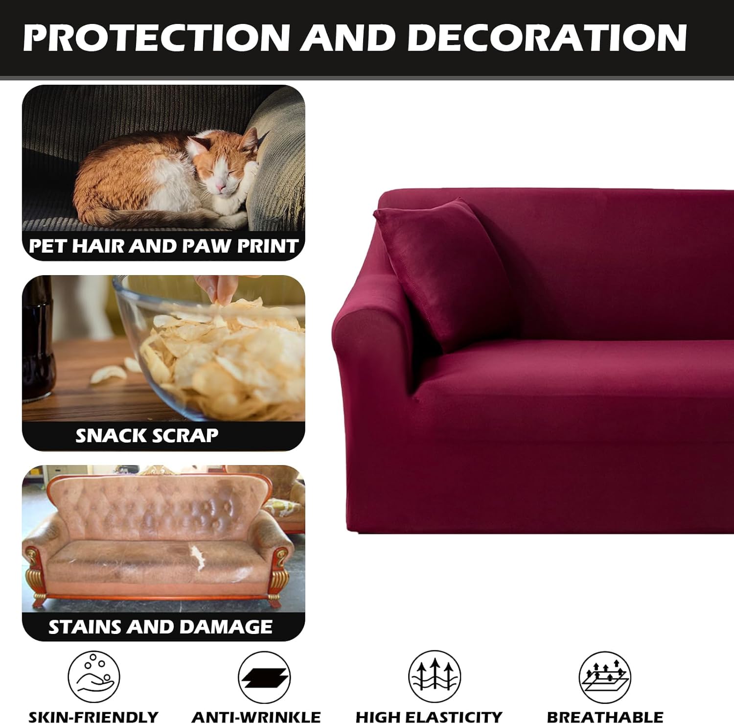 Funda elástica para sofá de 3 cojines, funda antideslizante de color liso, duradero, lavable, protector de muebles para decoración del hogar (L,
