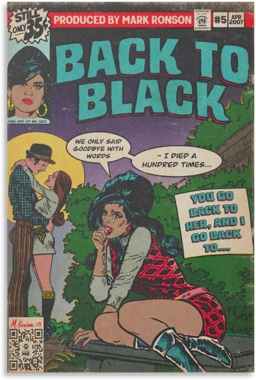 Amy Winehouse – Póster de arte cómico de álbum de música negra para habitación, arte estético, arte de pared, decoración de dormitorio, 16 x 24