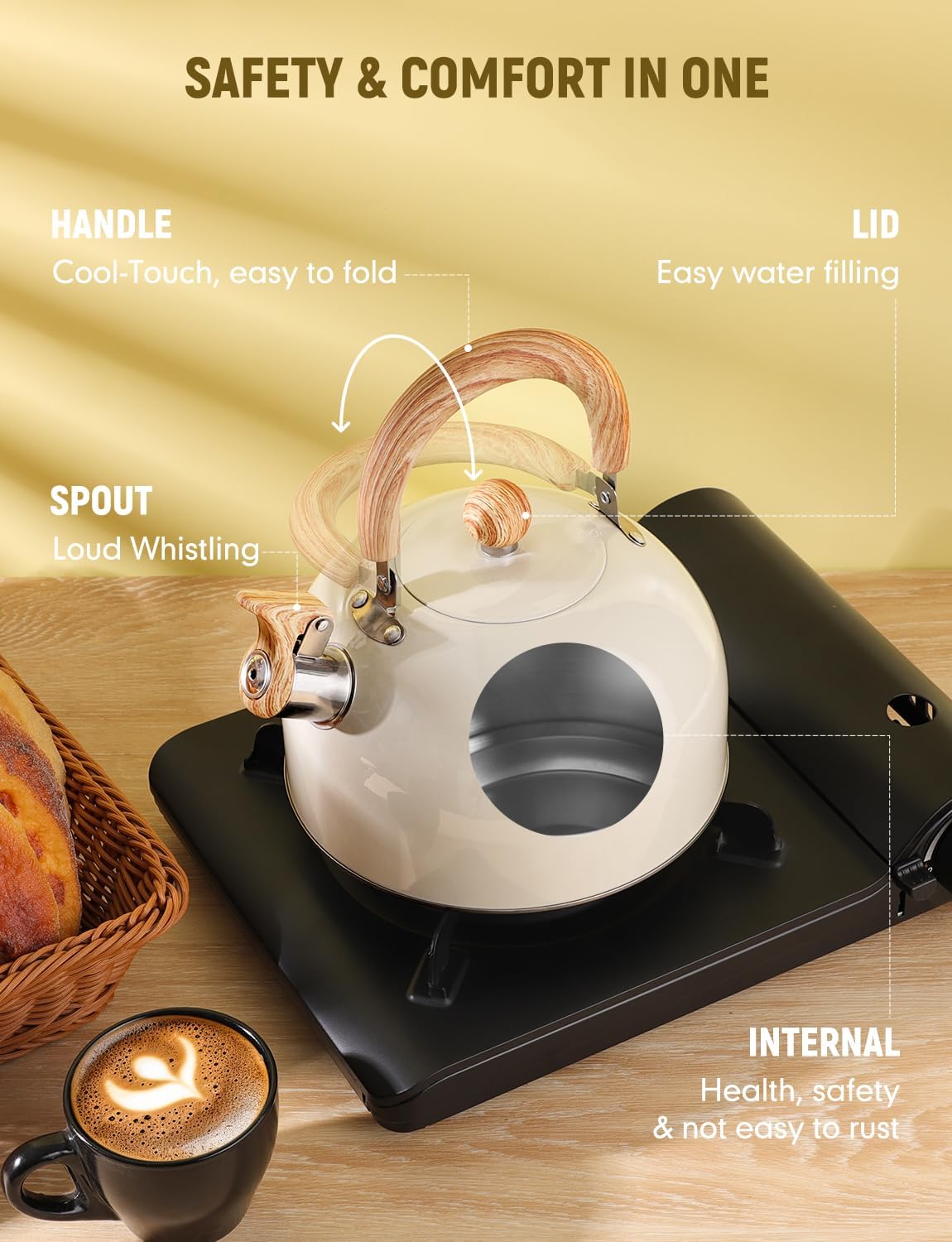 Hervidor de té Whistling para estufa, tetera de acero inoxidable de grado quirúrgico con mango ergonómico que se mantiene fresco, tetera de