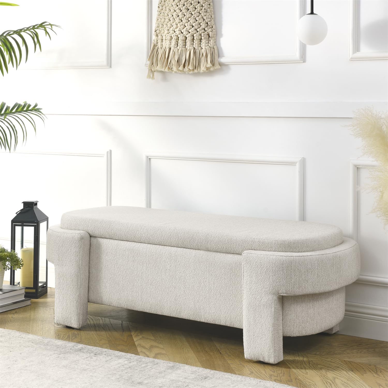 Banco otomano tapizado de tela de lino con gran espacio de almacenamiento, banco de almacenamiento para sala de estar, entrada, color beige