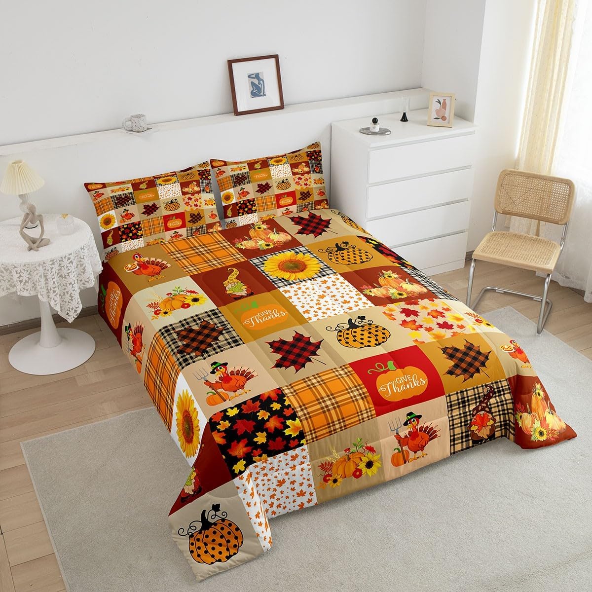 Juego de edredón de cuadrícula de calabaza otoñal, rústico, de granja, hoja de arce, girasol, juego de edredón de Acción de Gracias, Turquía, para