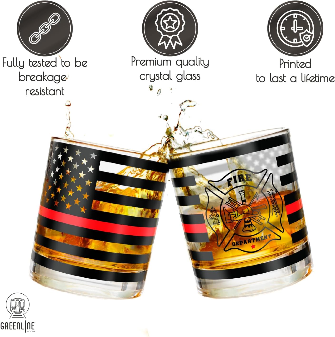 Greenline Goods Thin Red Line – Vasos de whisky de bombero, estilo antiguo, juego de 2, 10 onzas, vasos clásicos de vidrio con gráficos de bandera