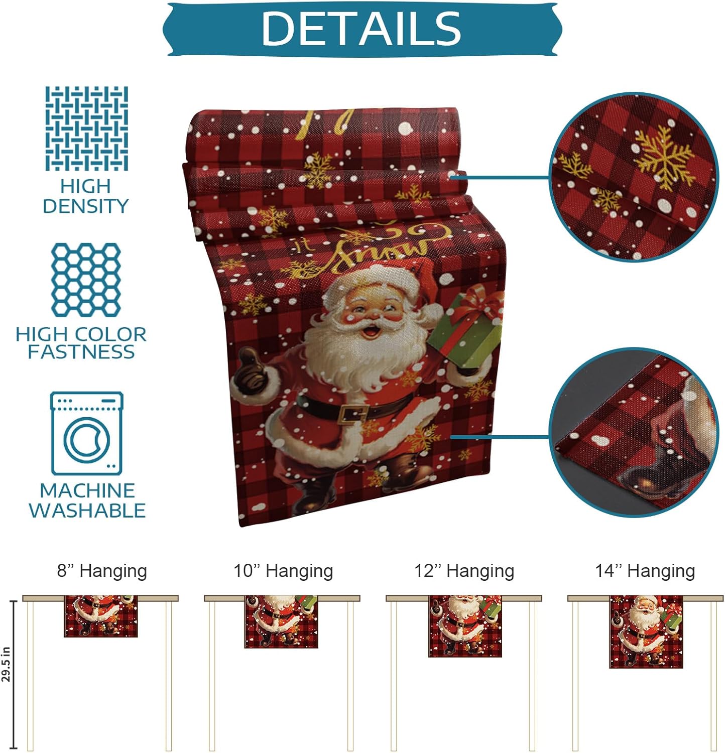 Camino de mesa de Navidad de Papá Noel con regalo, clásico rojo y negro, a cuadros, bufandas de cocina, comedor, caminos de mesa para interiores y