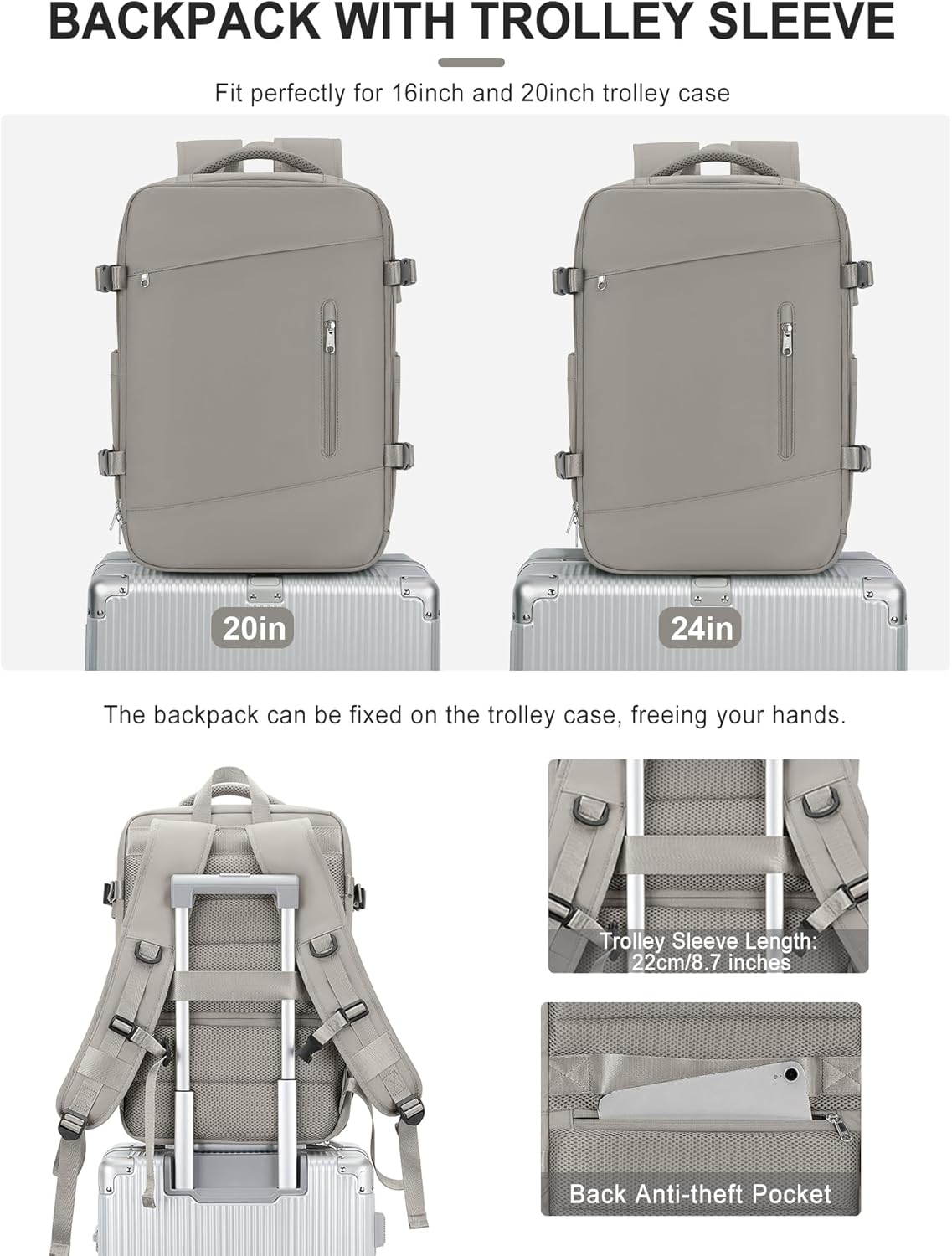 VGCUB Mochila de transporte, mochila de viaje grande para mujeres y hombres, aprobada por aerolíneas, mochila de gimnasio, mochila impermeable para