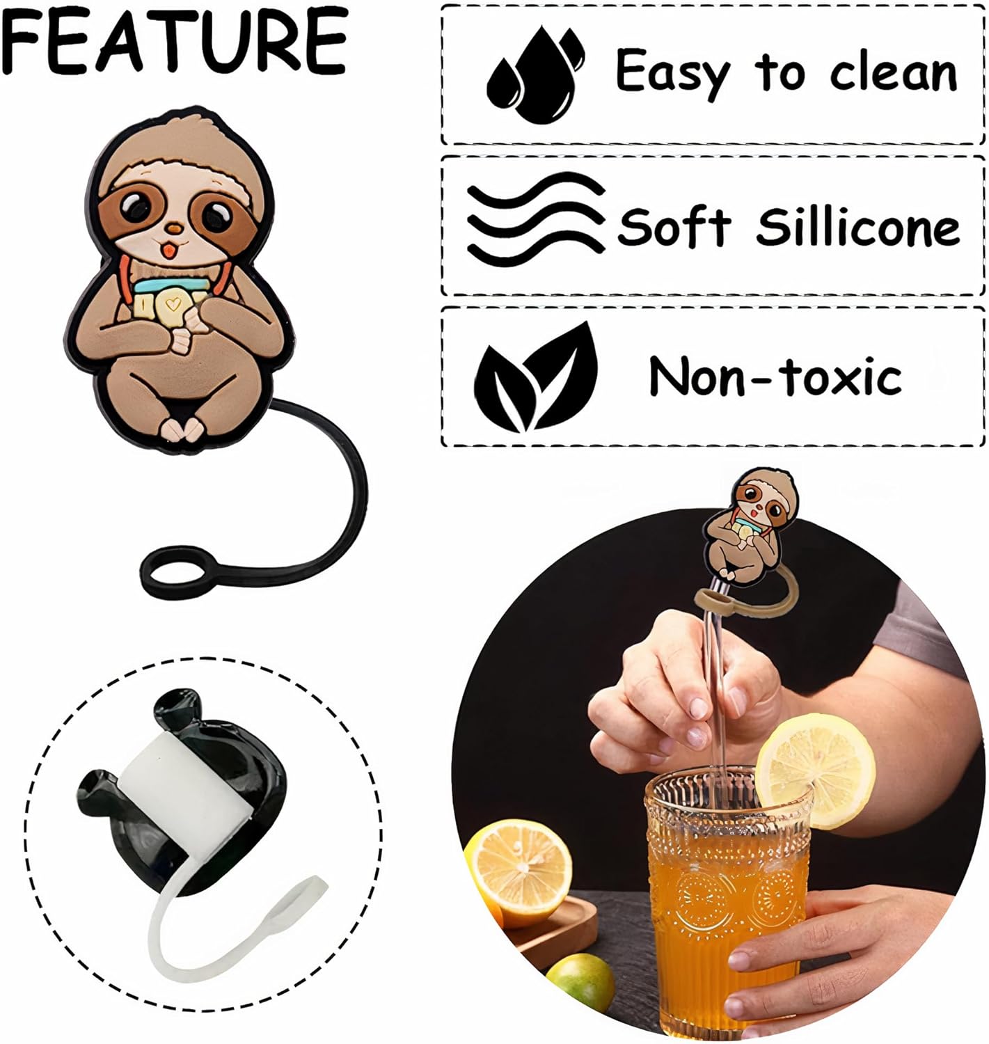 12 fundas de paja de perezoso, de animales del bosque, reutilizables, a prueba de polvo, para fiestas, vacaciones, cumpleaños, tapas de paja de