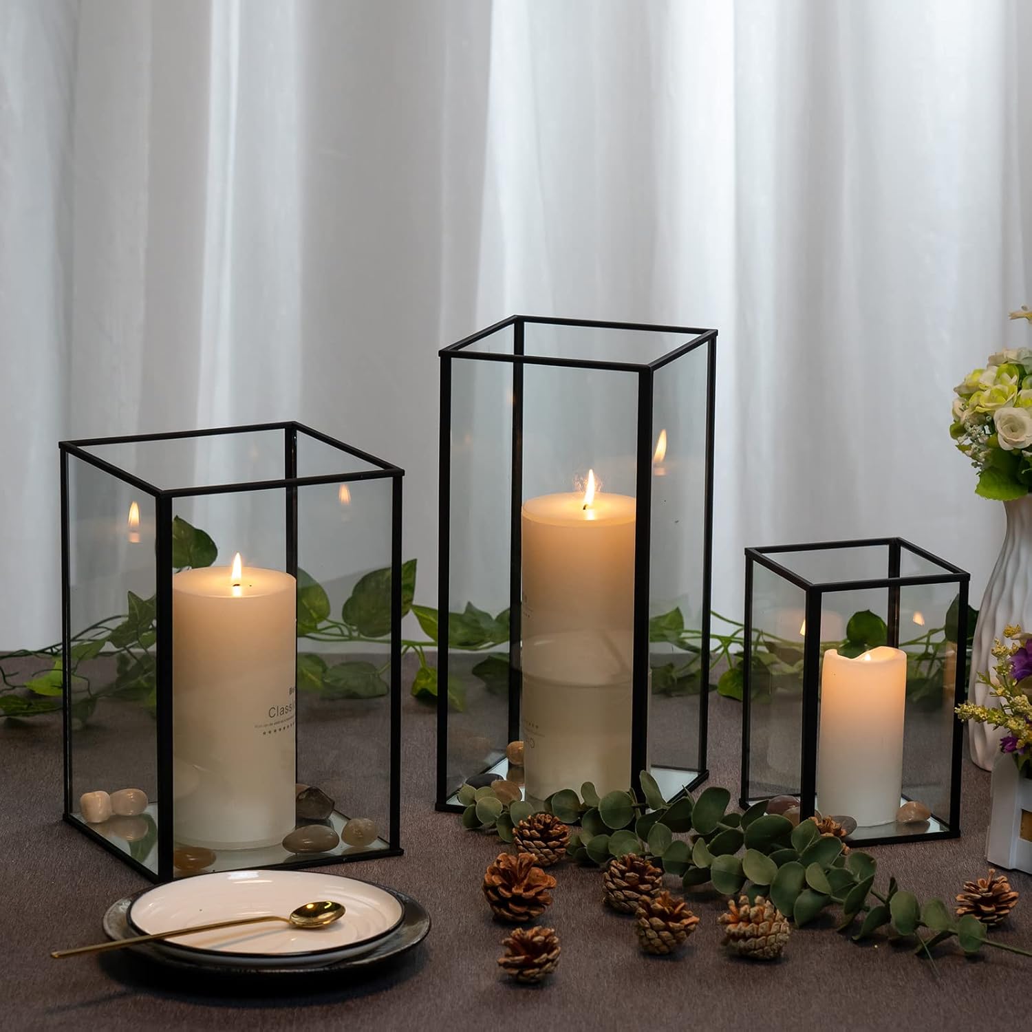 Phosphor Juego de 3 portavelas de huracán grande, portavelas de cristal negro para bodas, fiestas, vacaciones.