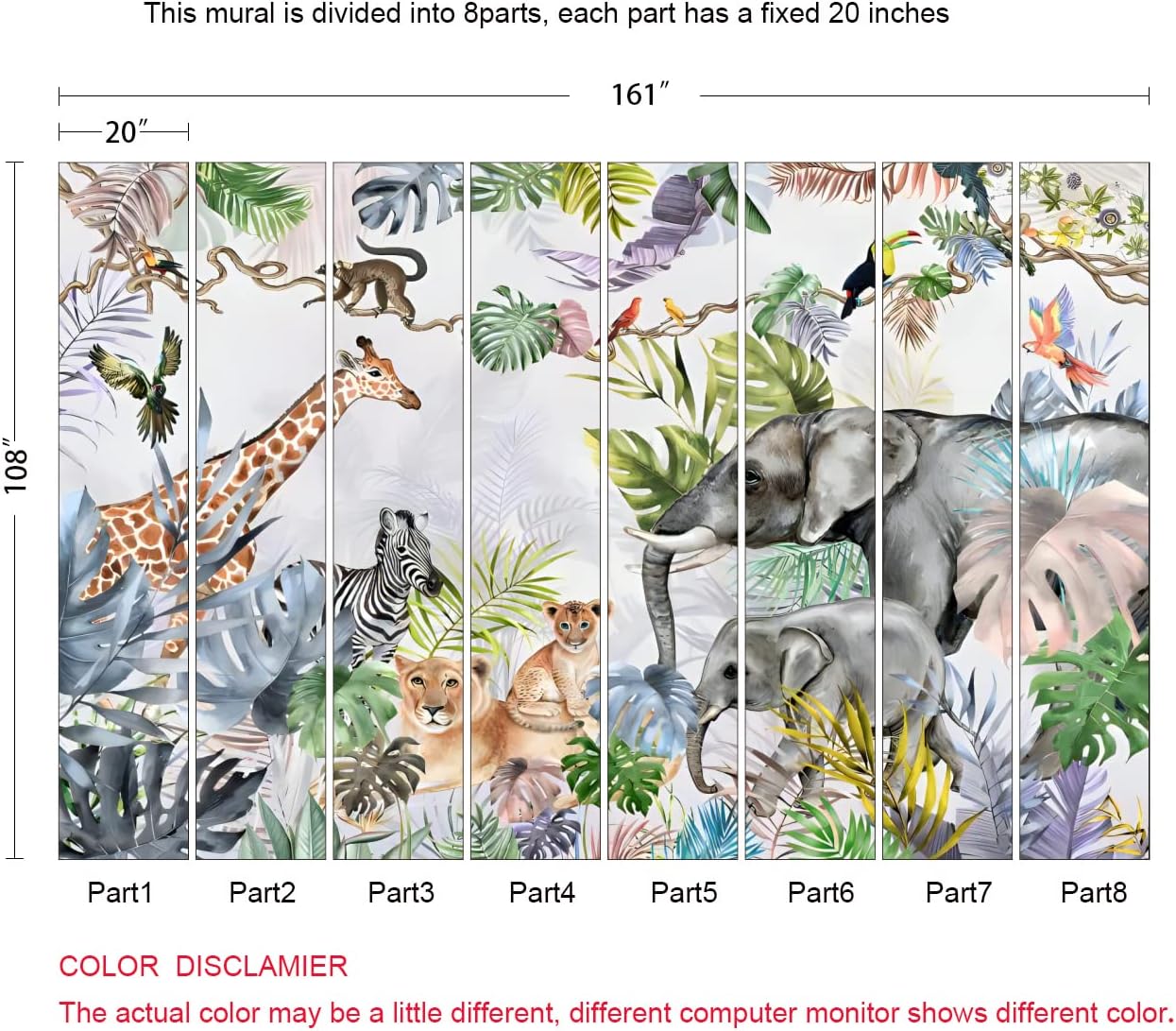 Papel tapiz de safari para niños con animales, selva, acuarela, animales, guardería, decoración de habitación infantil (no se pega ni se pega)
