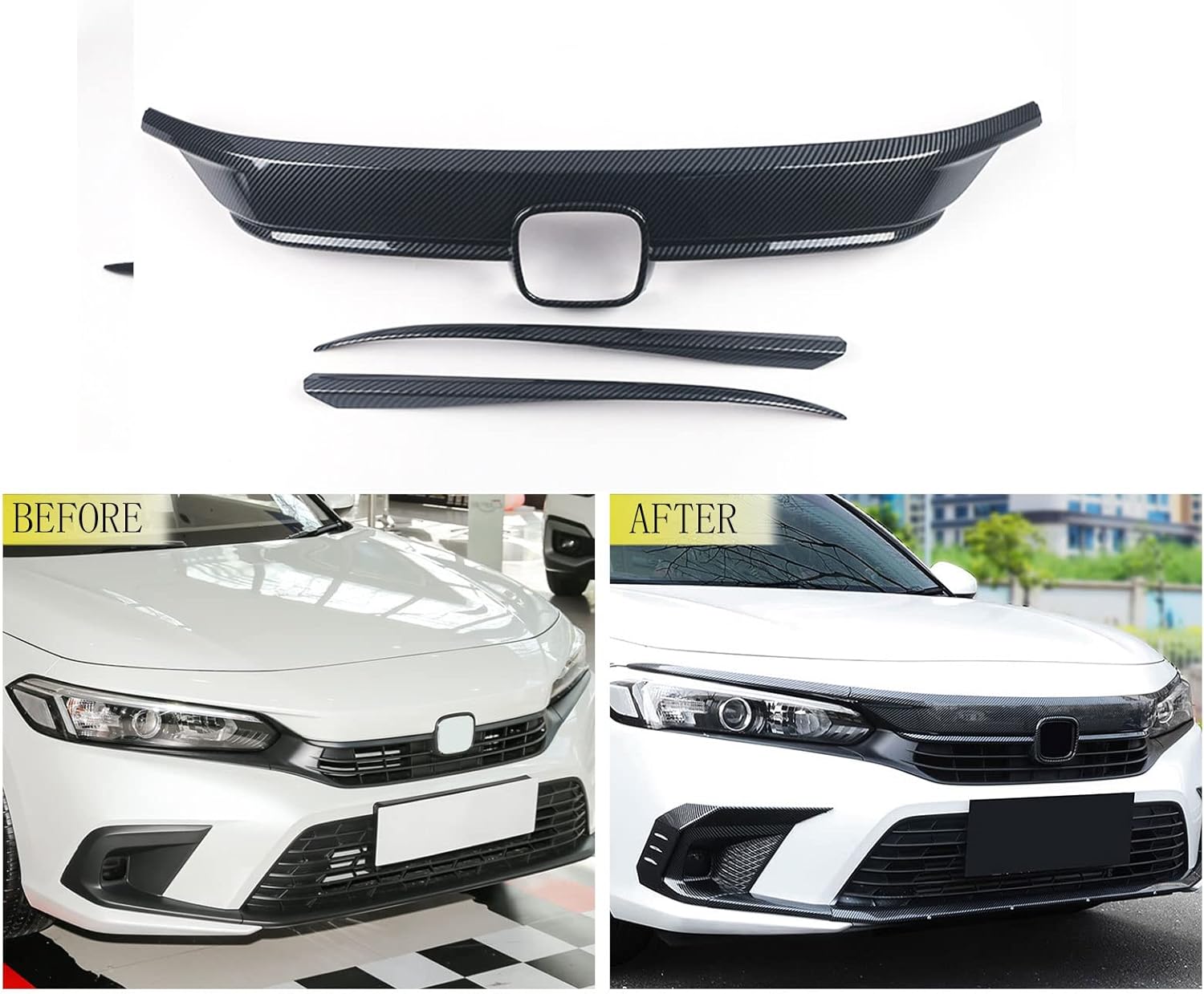 Accesorios de coche para capó de parrilla superior delantera exterior para Honda Civic 11 generación 2022-2023 ABS 3 piezas (estilo fibra de carbono)