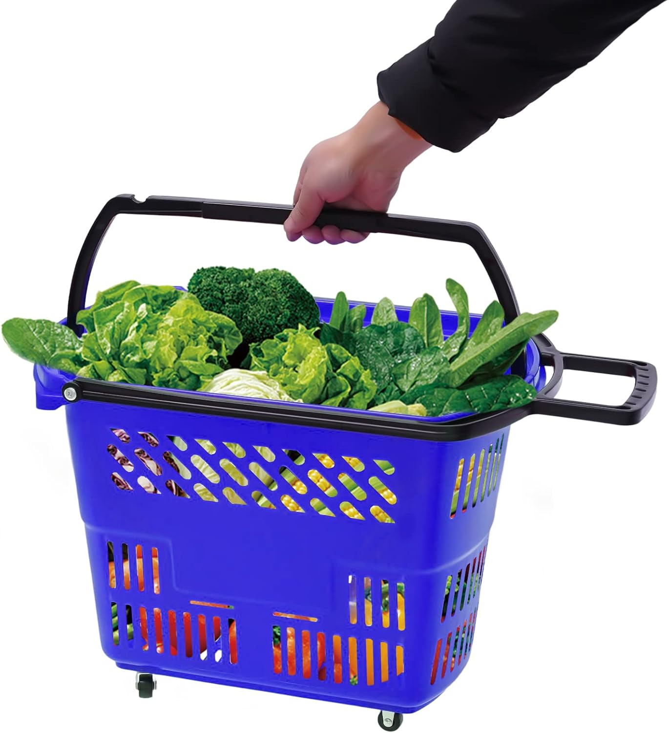 6 carritos de compras, 35 l9.2 galones de plástico con ruedas, cestas de compras con asas, juego de cestas de compras portátiles para tiendas