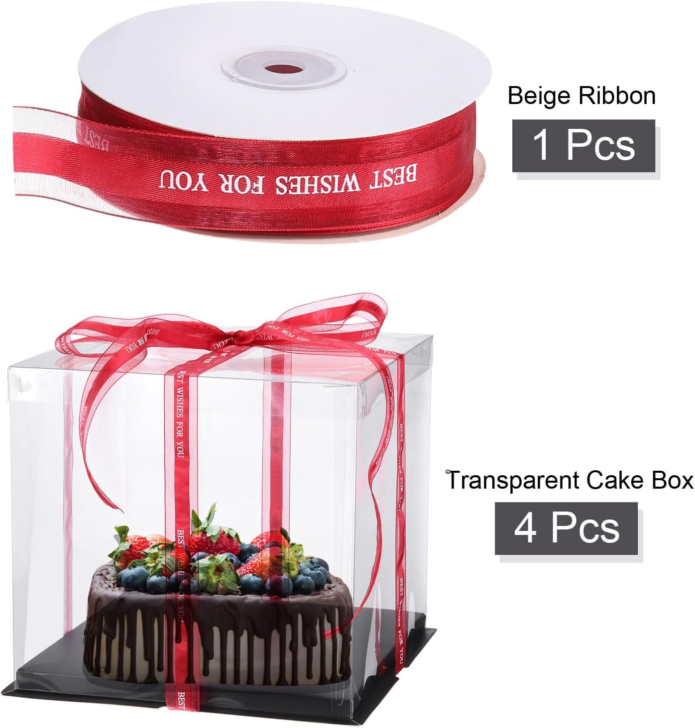 uxcell Caja transparente para tartas, 4 piezas de 10 x 10 x 10 pulgadas, cajas altas para pasteles con cinta para embalaje de pasteles de 8