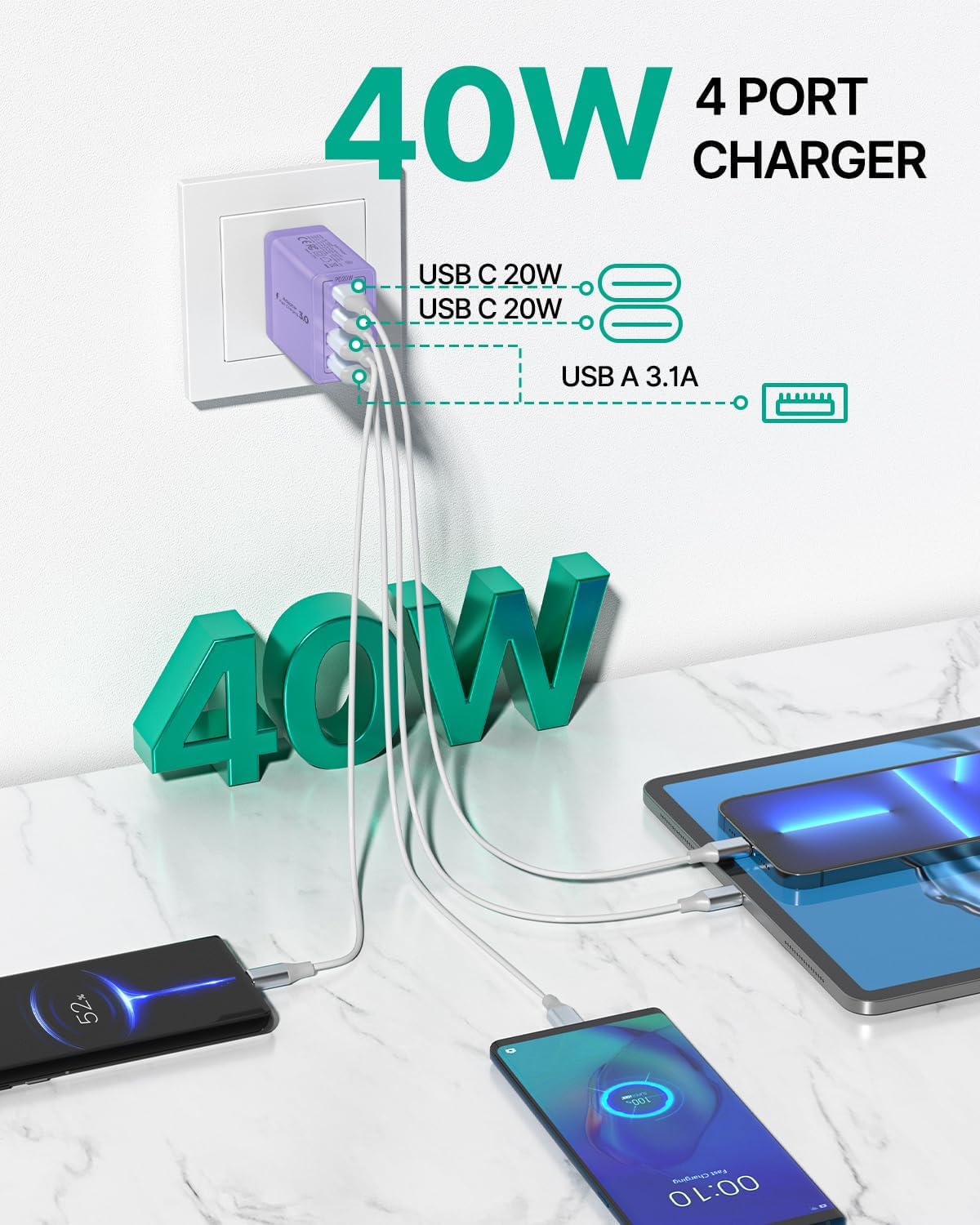 Aioneus – Cargador de pared USB C, 40 W, 4 puertos, rápido USB C, bloque de carga de doble puerto PD + QC, multipuerto tipo C, bloque de carga para