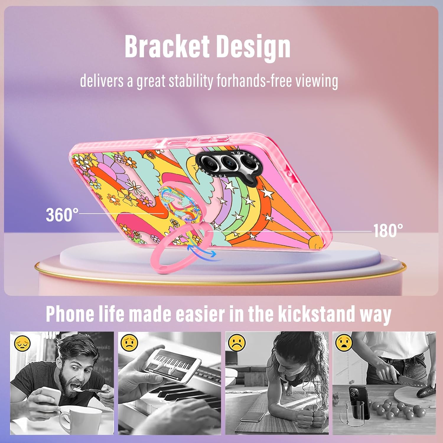 Toycamp Funda para teléfono Galaxy A54 0.18 oz con soporte de anillo lindo arco iris, sol, luna, río, flores, diseño de grafiti de dibujos animados,