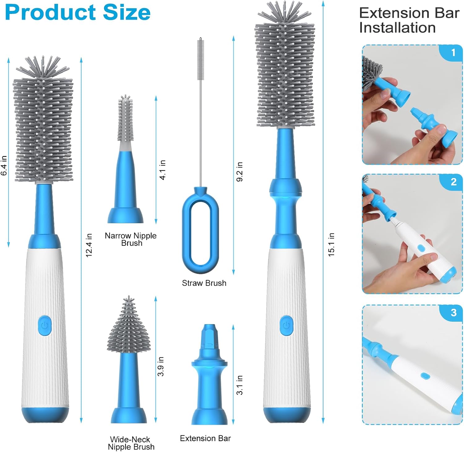 KINTTO Limpiador eléctrico de cepillo para botellas con recargable, limpieza para bebéaguavinotermo, resistente al agua, 2 pezones y popote de