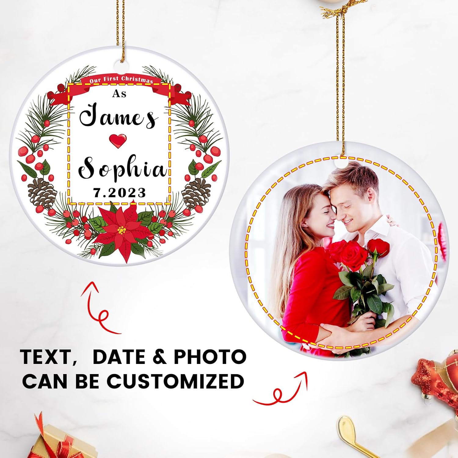 Adorno de matrimonio de primera Navidad 2023, adornos de Navidad personalizados, regalos de boda personalizados de doble cara para parejas, regalo