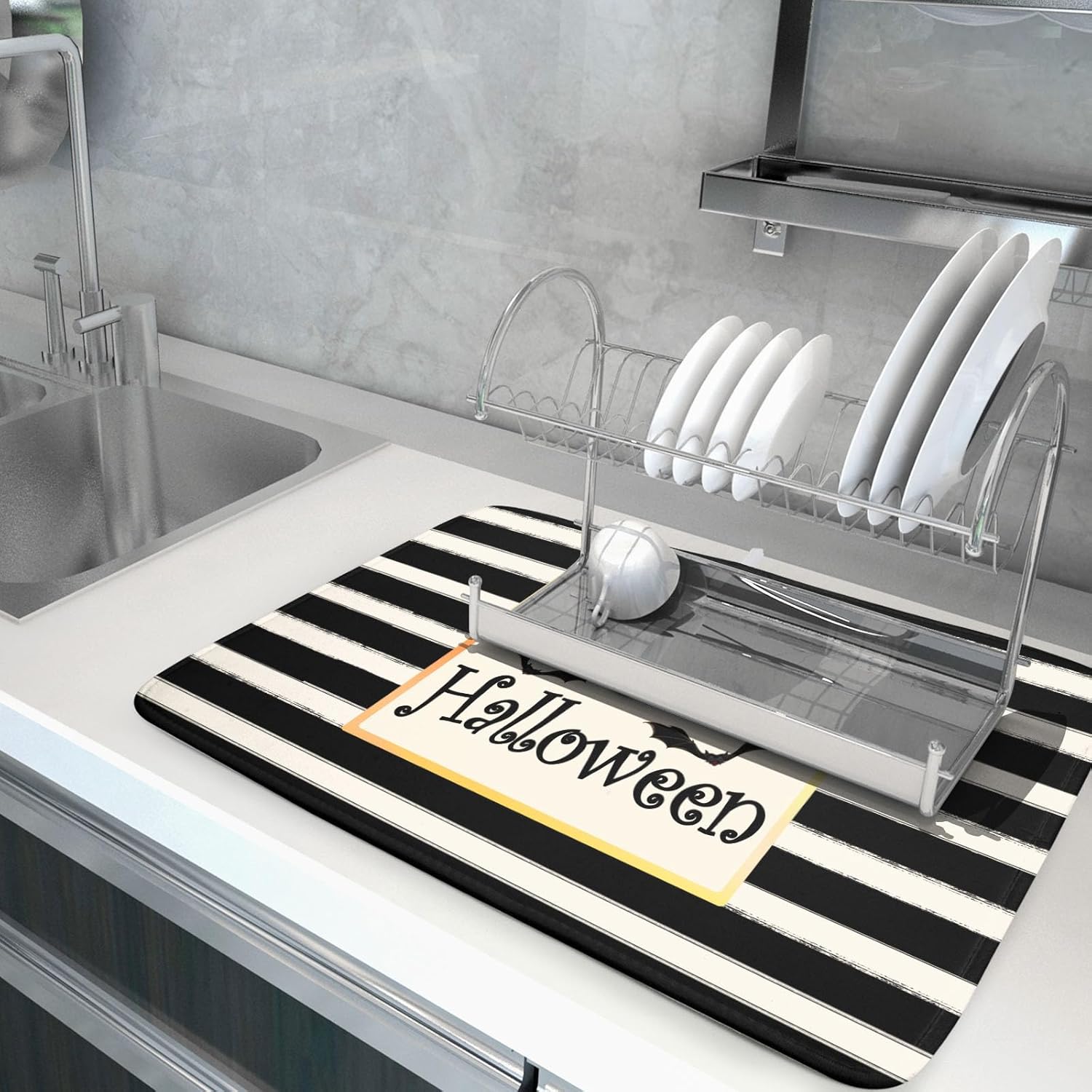 Tapete de secado de platos de murciélagos de Happy Halloween para encimera de cocina, tapete de secado de rayas blancas y negras de 18 x 24 pulgadas