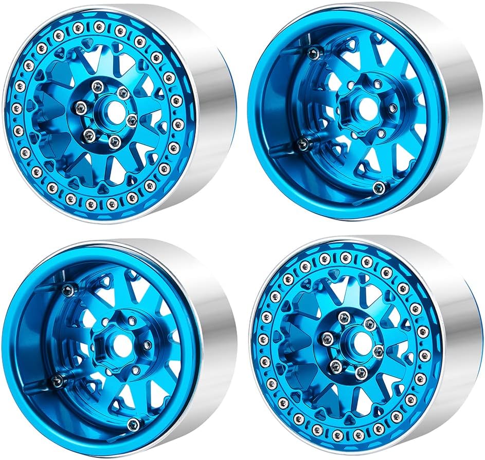 RCLIONS Ruedas Beadlock RC de 2.2 pulgadas, llantas de aluminio de 1.378 in para AXIAL Wraith RR10 TRX4 110th RC Crawler Truck Car (azul)