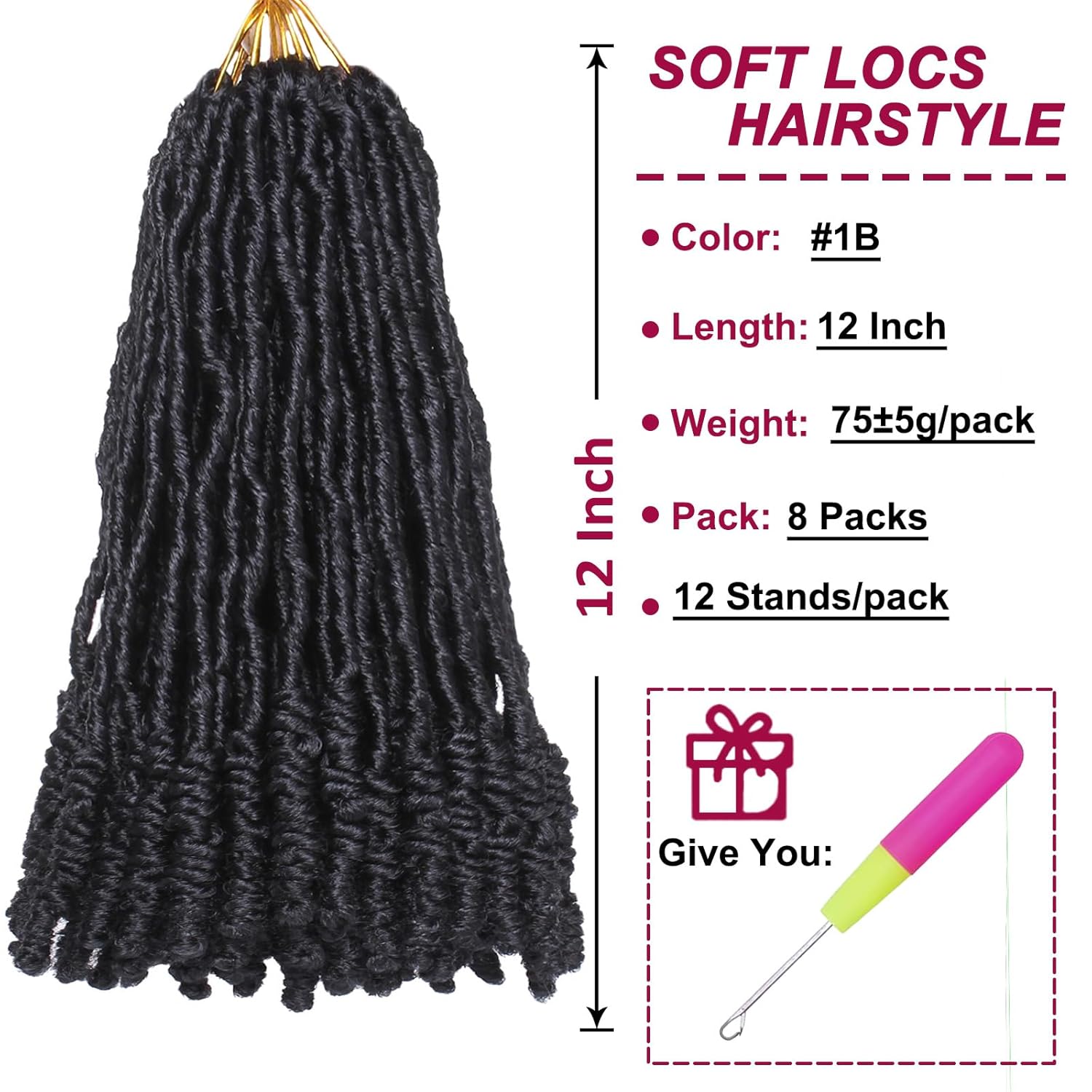 COOKOO Rastas de ganchillo de 12 pulgadas, 8 paquetes de trenzas de ganchillo de color negro natural pretrenzado suave con nudos cortos, extensiones