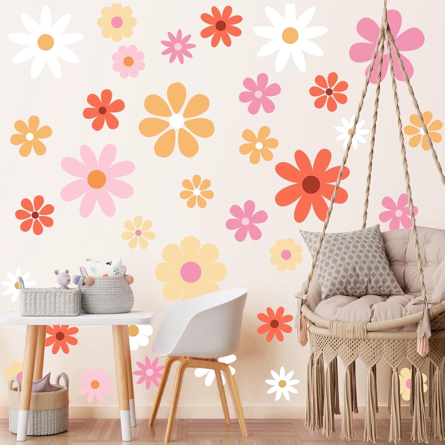 12 hojas de calcomanías de pared de margaritas blancas, calcomanías de pared de margaritas grandes, calcomanías florales para niños, niñas,