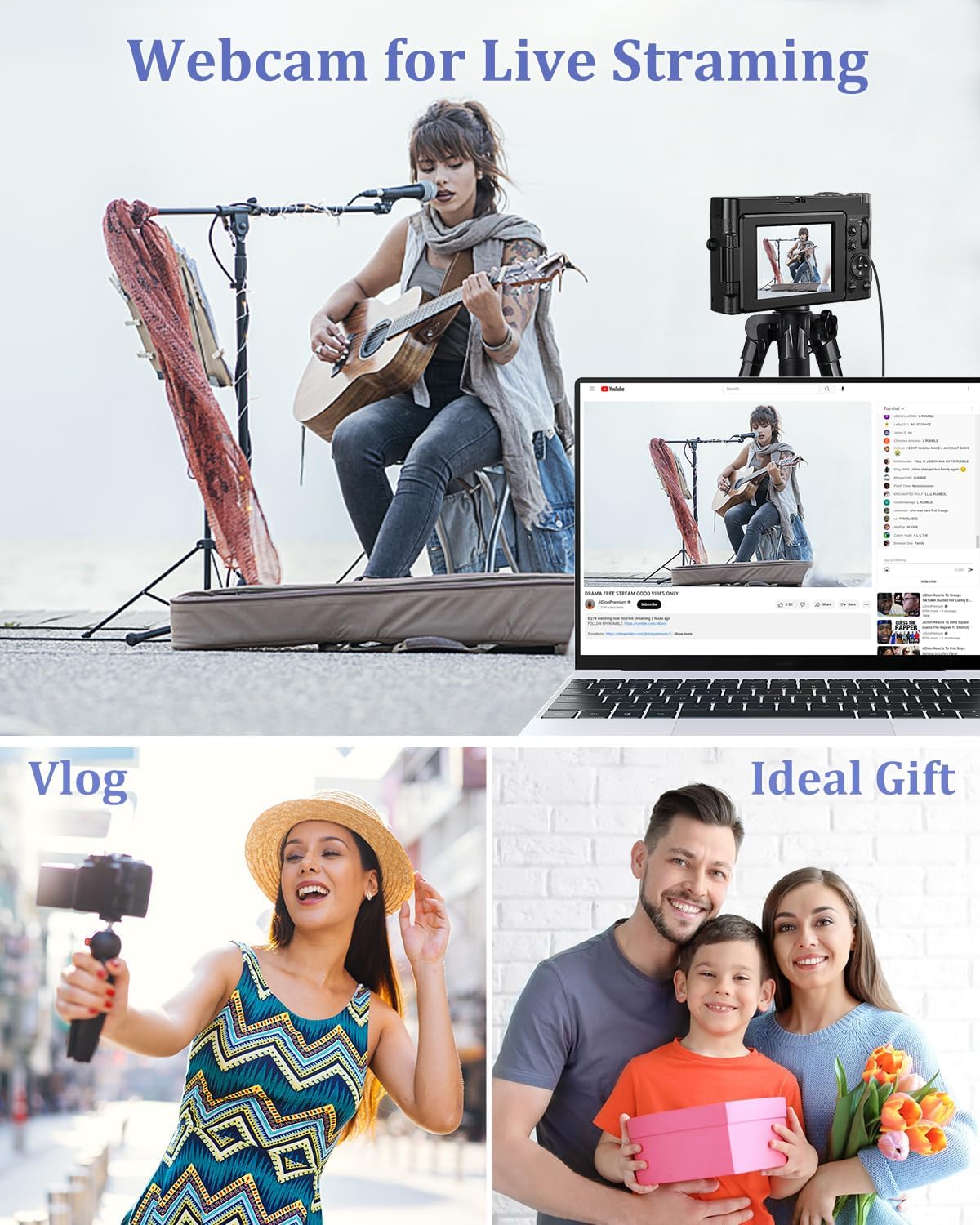 Cámara digital 4K con flash y selfie, cámara de 48 MP para fotografía con enfoque automático 16X Zoom, cámara de vlogging antivibración, cámaras