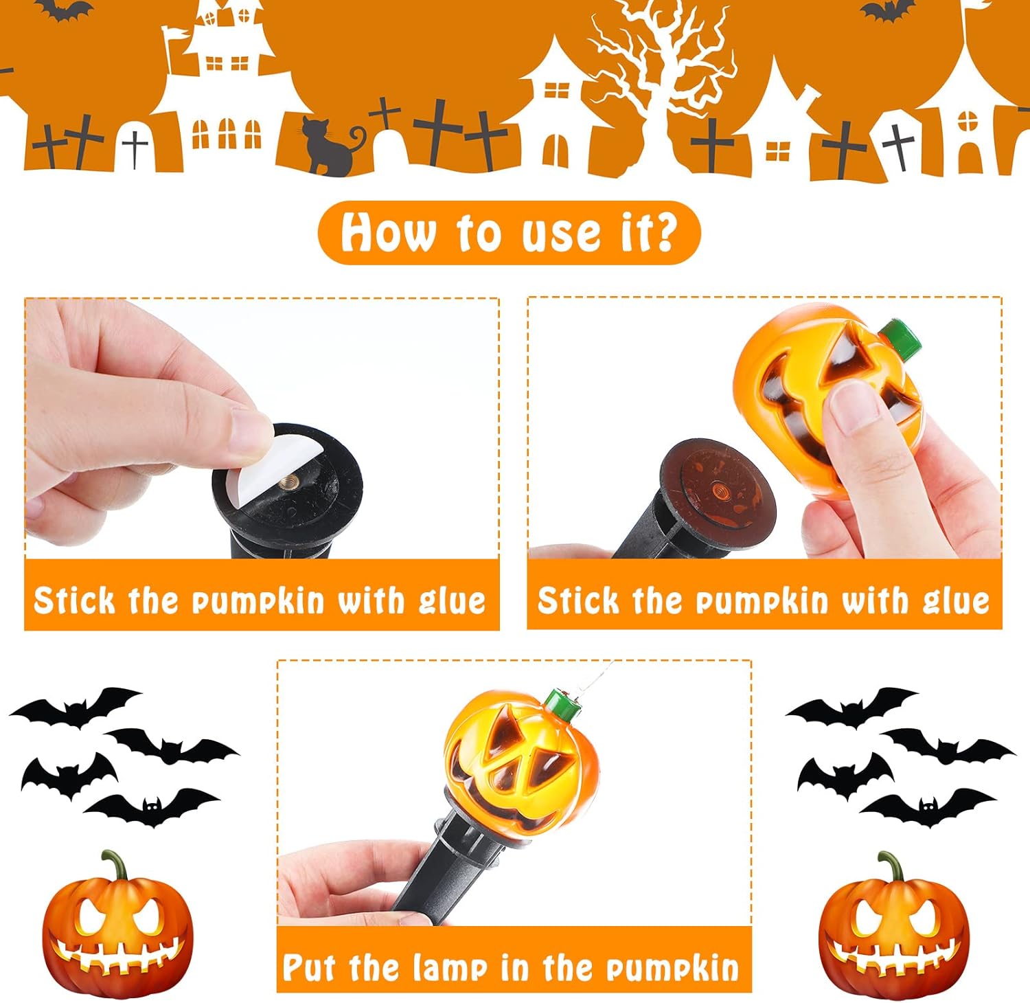 10 piezas de decoraciones de Halloween al aire libre 3D iluminadas con estacas de calabaza iluminadas, calabazas de plástico, luces LED,