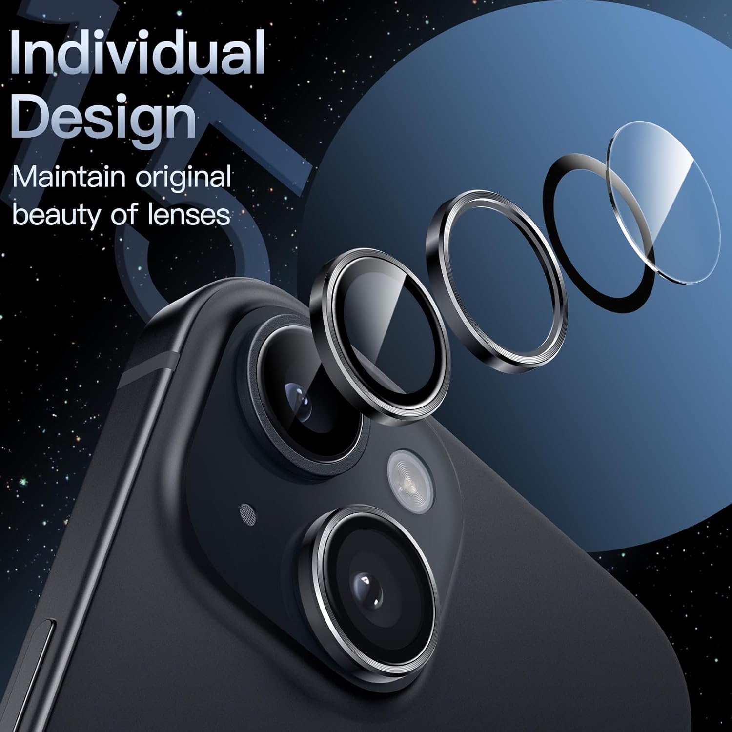 JETech Protector de lente de cámara para iPhone 15 de 6.1 pulgadas y iPhone 15 Plus de 6.7 pulgadas, cubierta de anillo individual de metal de