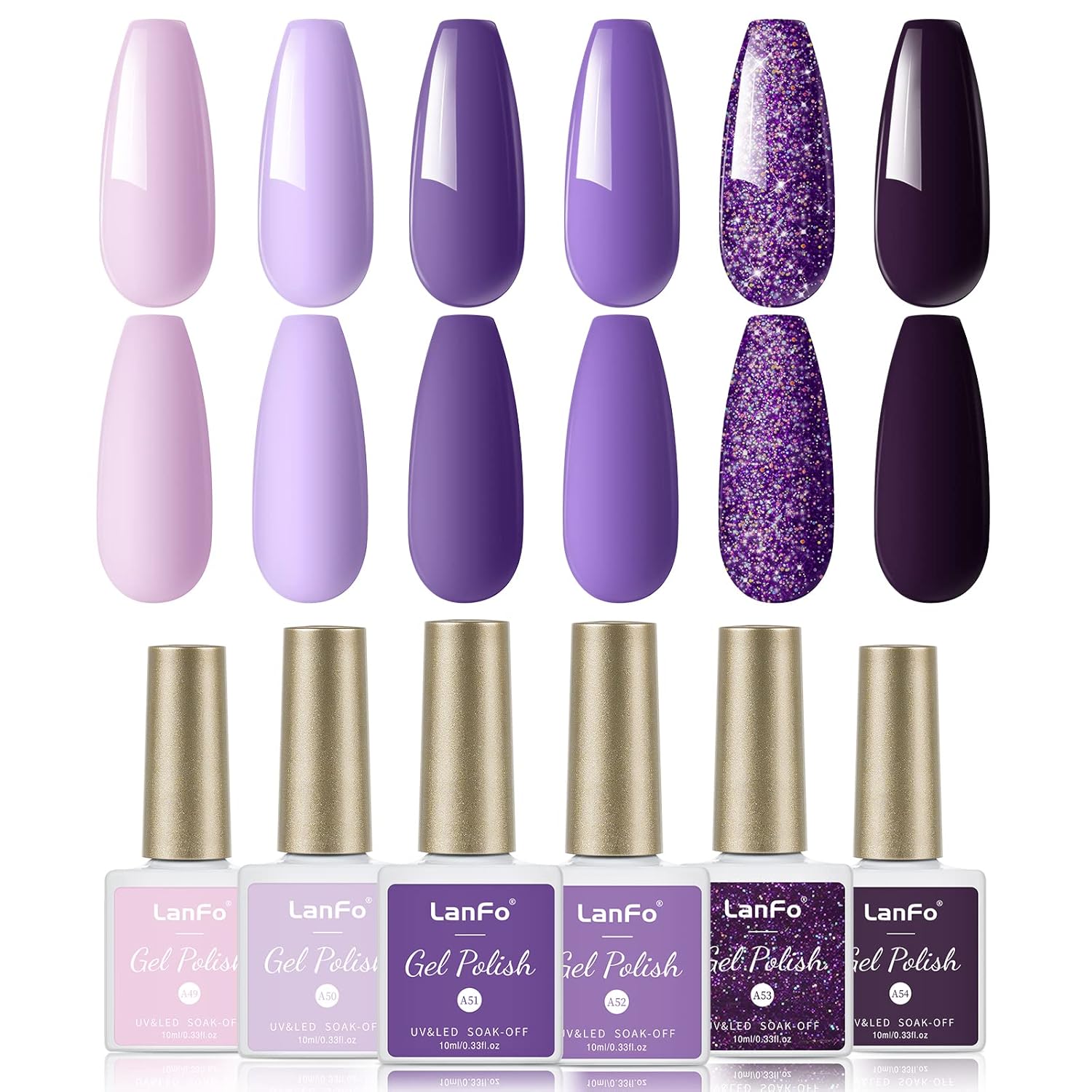 LanFo Juego de esmaltes de uñas de gel con purpurina morada, juego de 6 colores de esmalte de uñas de gel morado, esmalte de uñas de gel UV LED para