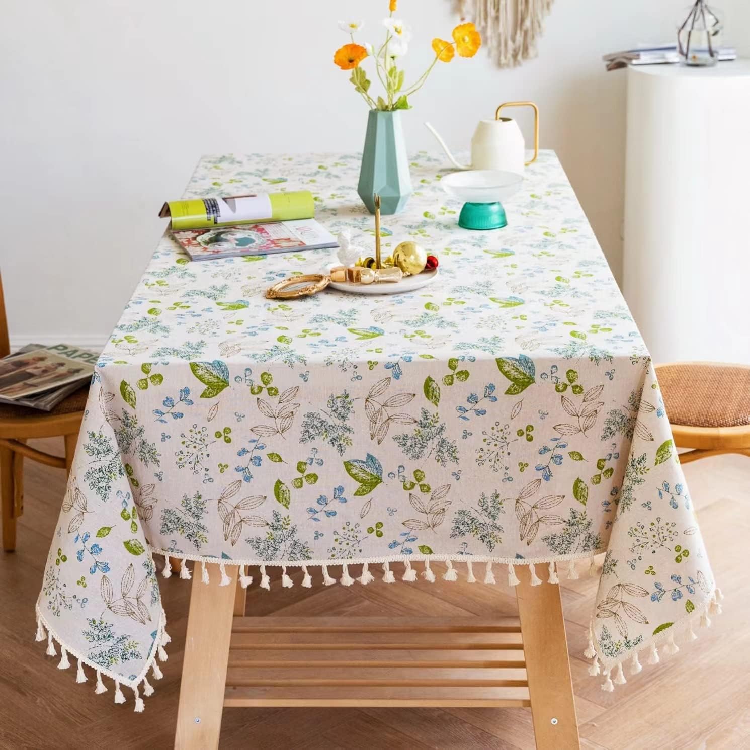 YUURAIN VUVU – Elegante tela de lino de algodón con diseño floral, mantel rectangular con borlas y costuras para cocina, comedor, mesa, decoración,