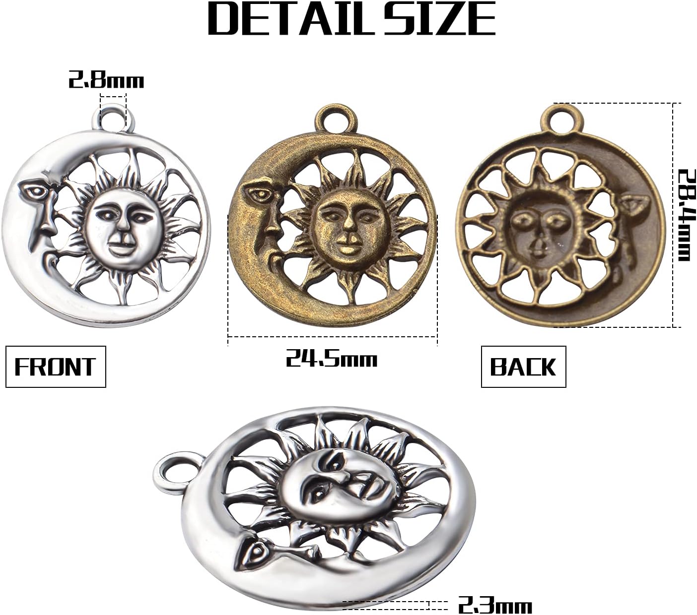 50 dijes de sol celestial, aleación tibetana, luna, sol, sonrisa, suministros de manualidades para manualidades, collares, pulseras, accesorios de