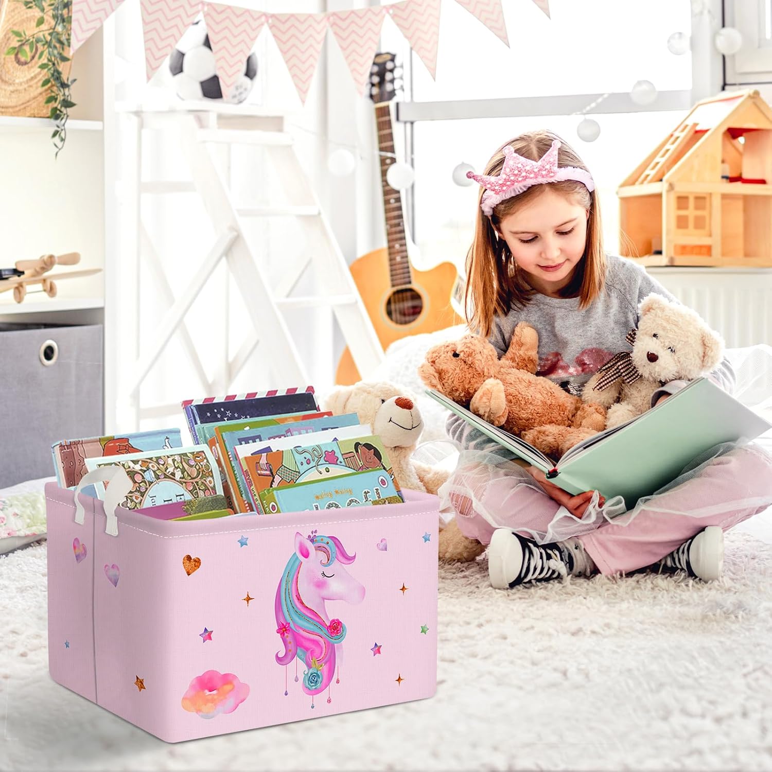 Clastyle Cesta rectangular de unicornio rosa para niñas, con diseño de estrella de nube, corazón, para baby shower, ropa, toalla, libro, juguetes,