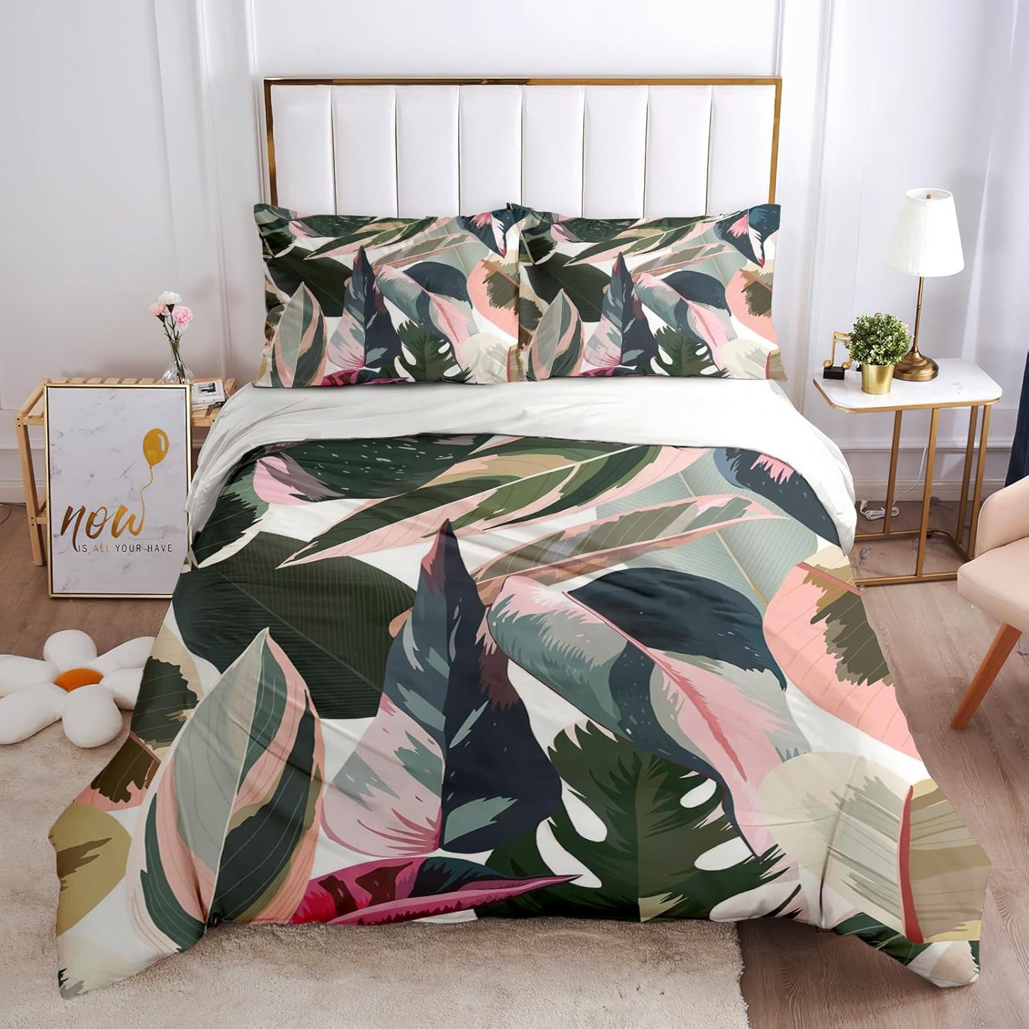 Juego de funda de edredón con temática de plantas tropicales, funda de edredón colorida de hojas de plátano, ropa de cama de 3 piezas, decoración