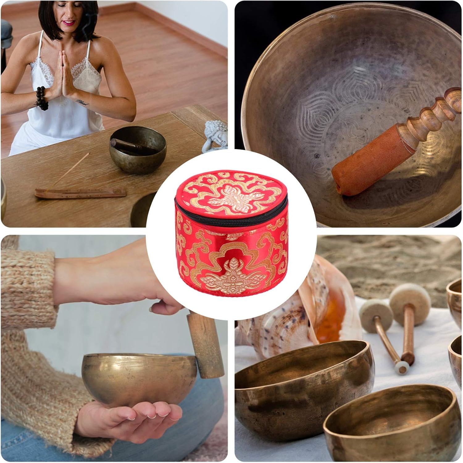 Bolsa tibetana con cremallera para cuenco de meditación budista, soporte portátil de viaje al aire libre, caja de almacenamiento de 4.7 x 3.7 in