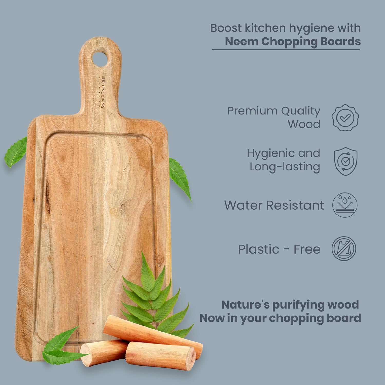 The Fine Living Co. Cutting Board, Neem Wood Chopping Board with Handle, 0.6″ Thick Board with Juice Grooves, Non-slip Board for Kitchen Countertop,