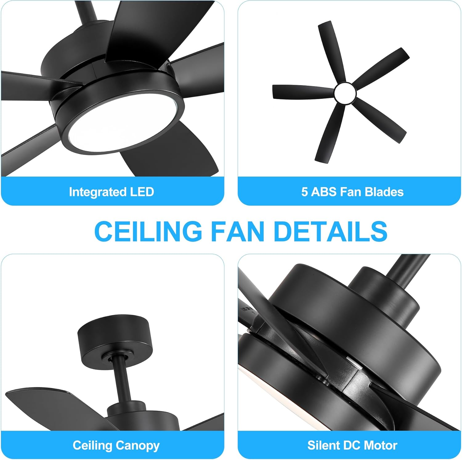 Breezary Ceiling Fans with Lights and Remote, 52″ Ceiling Fans OutdoorIndoor with 6 Speeds Reversible DC Motor and 5 Blades, Modern Black Ceiling