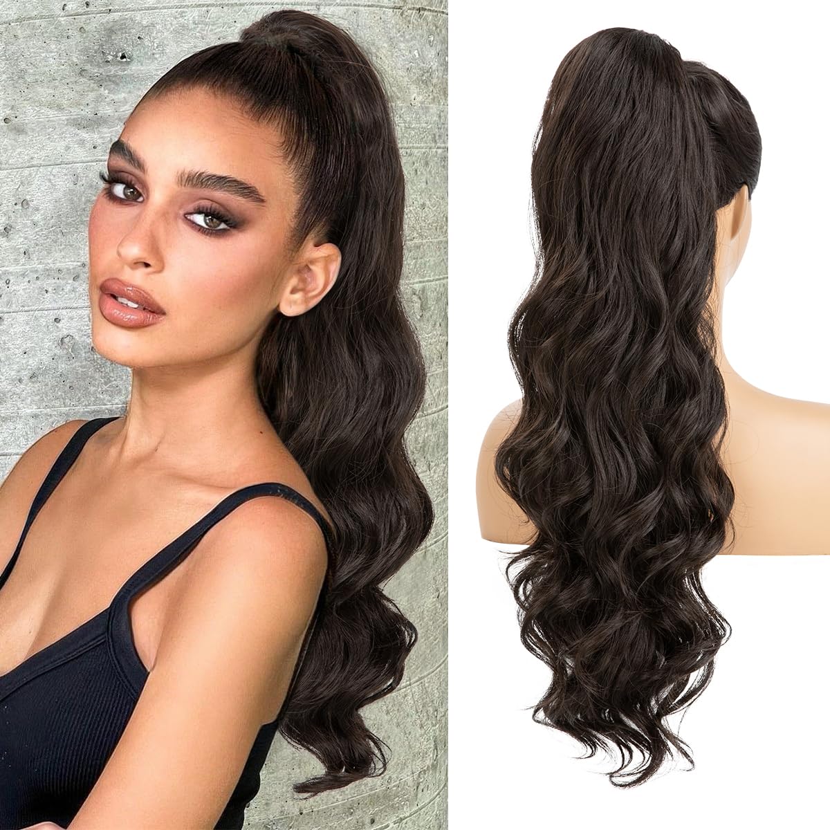 Extensiones de cola de caballo sintéticas resistentes al calor, 26 pulgadas de largo, esponjosas, onduladas, para mujer, color negro y marrón