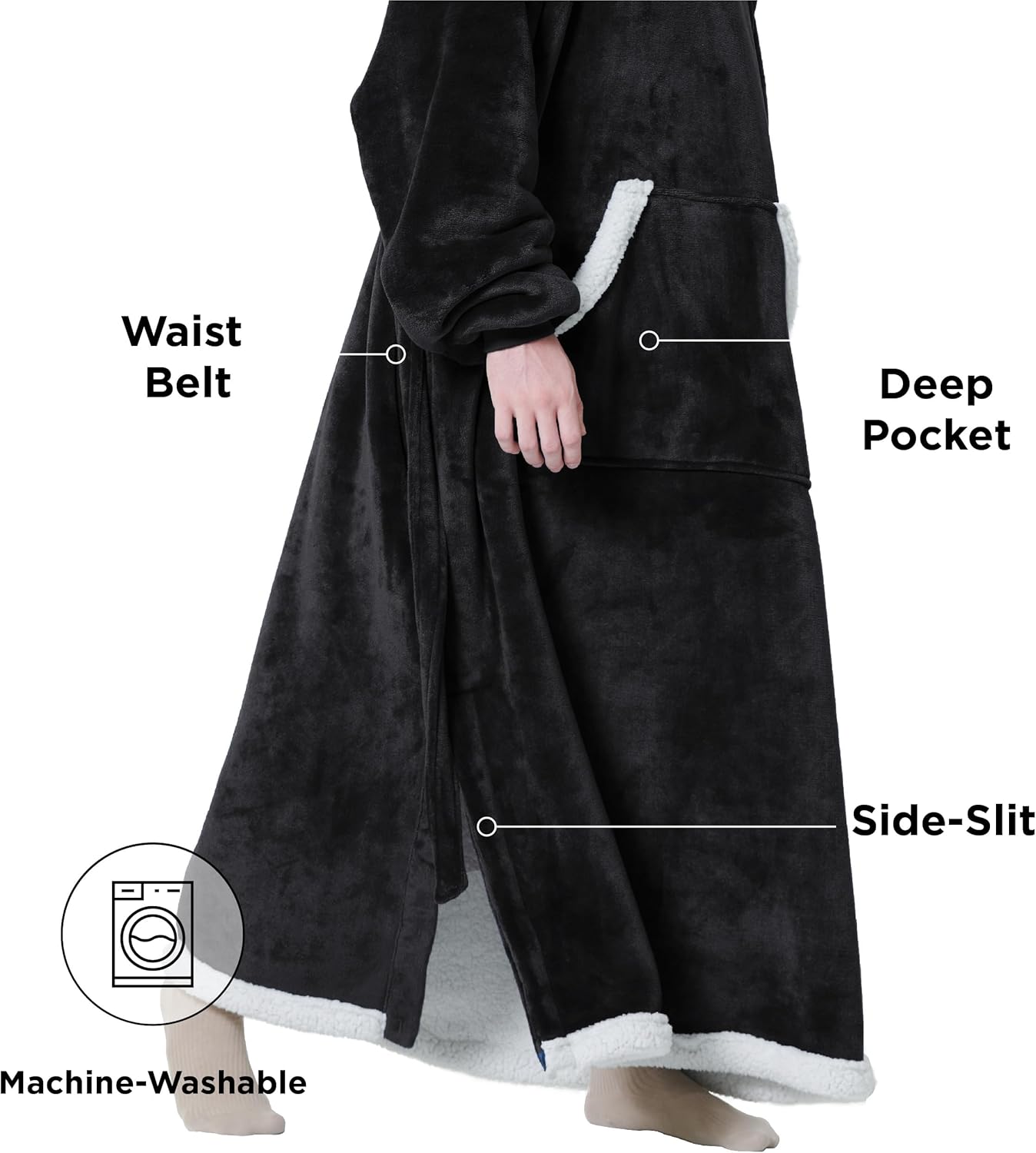 Bedsure Sudadera de manta de largo recorrido – Sudadera de manta con capucha, tamaño grande con división lateral y cinturón, cálida chaqueta de