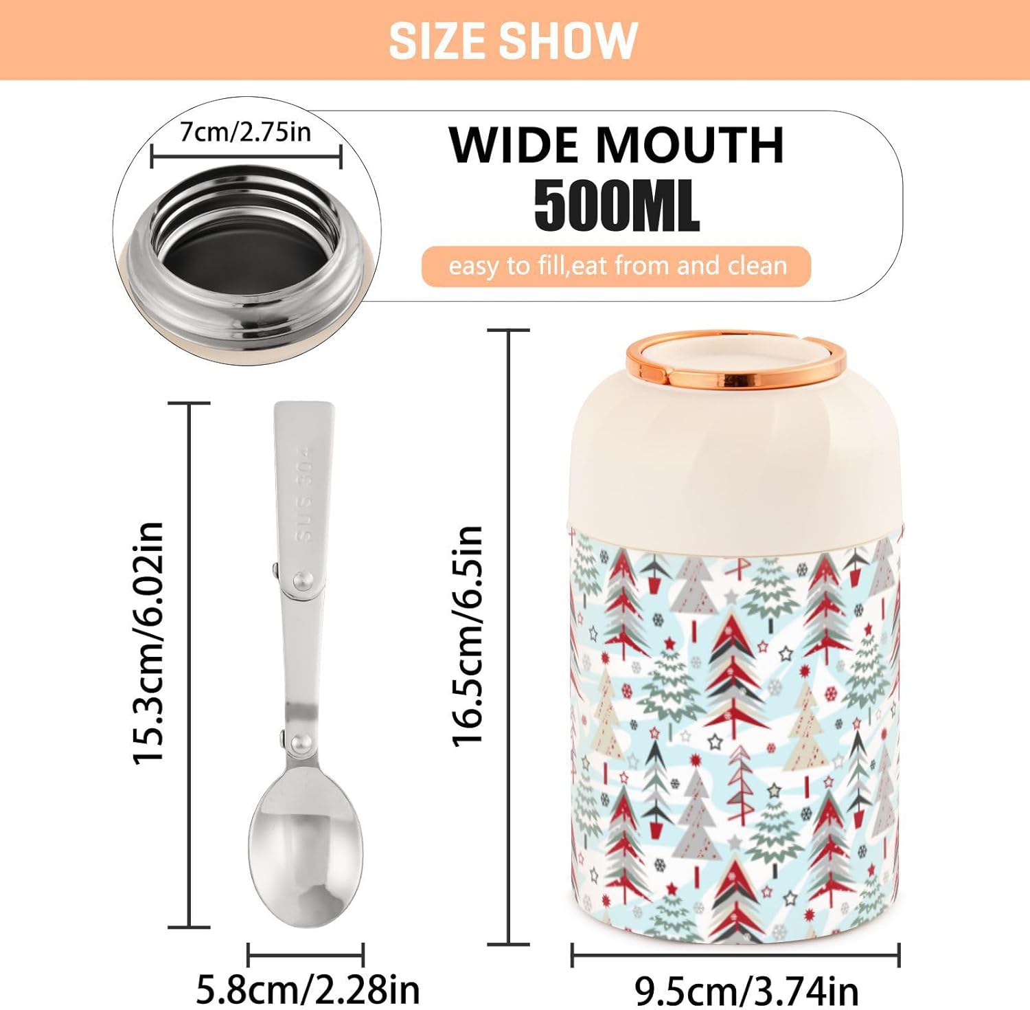 Christmas Cartoon Kids Womens Insulated Food Jar with Spoon 17oz500ml Food Containers For Hot Food Stainless Steel Vacuum Keep Warm Soup Containers