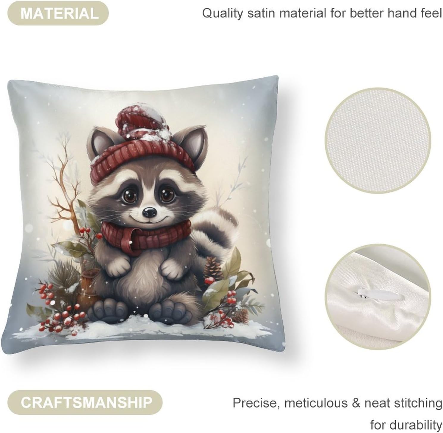Fundas de almohada de satén con diseño de mapache de dibujos animados, Navidad, nieve, invierno, funda de almohada cuadrada de bosque natural con