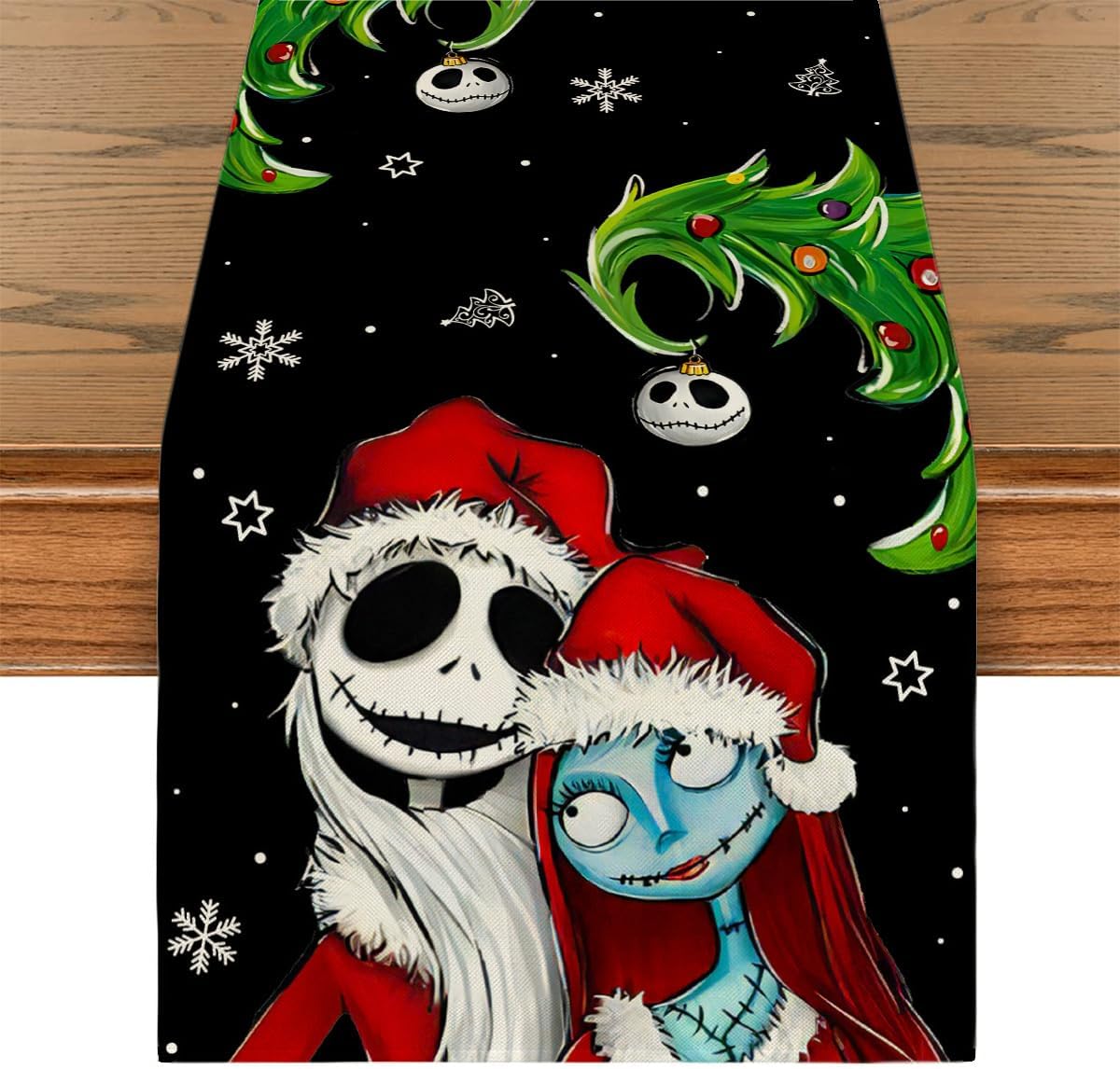 Camino de mesa de Navidad, mantel de Halloween, Pesadilla del antes de Navidad, decoración navideña de Jack y Sally para fiesta en el hogar