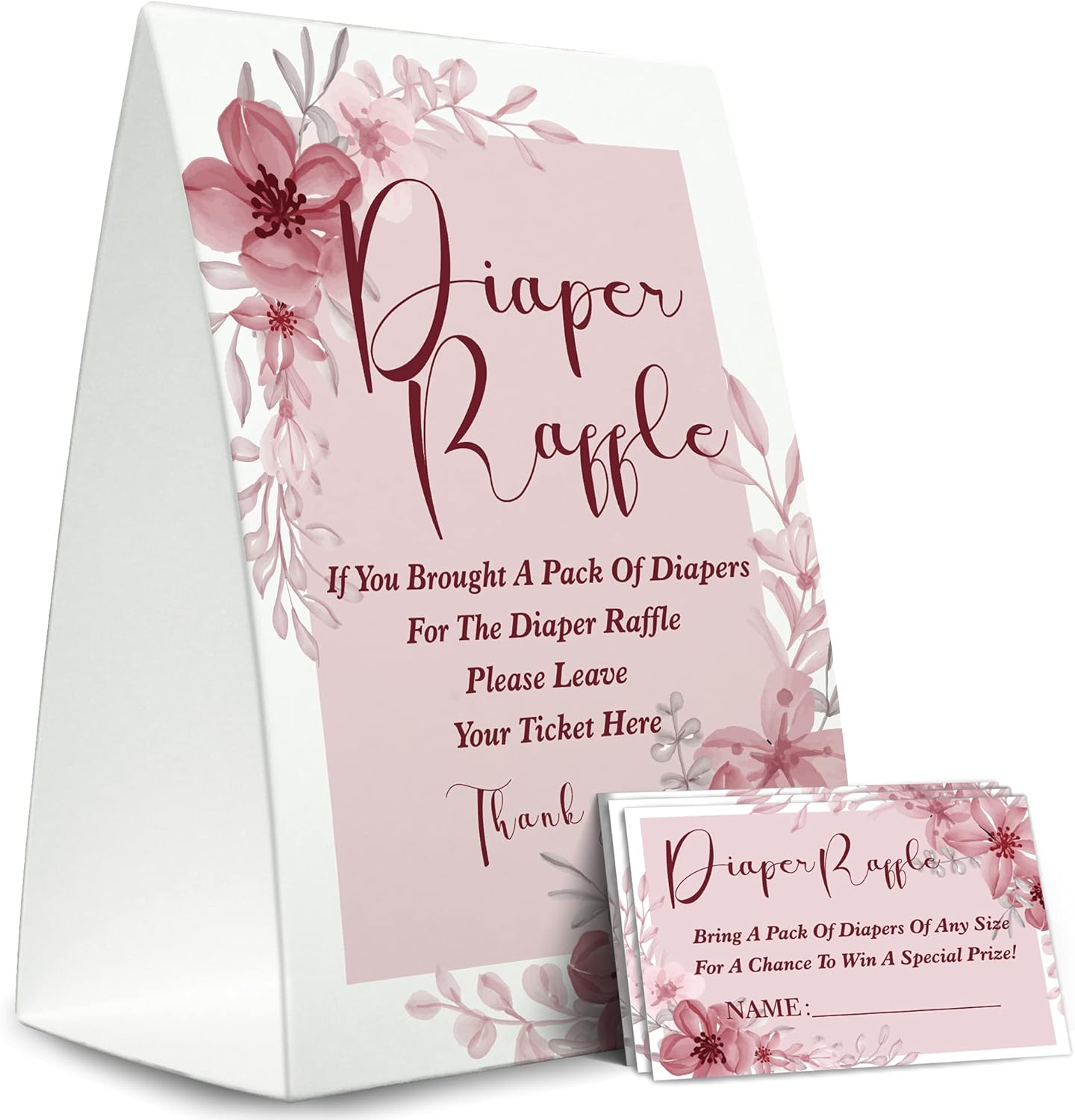 Cartel de sorteo de pañales, kit de juego para baby shower (1 letrero de pie + 50 tarjetas de adivinanzas), boleto de inserción floral rosa,
