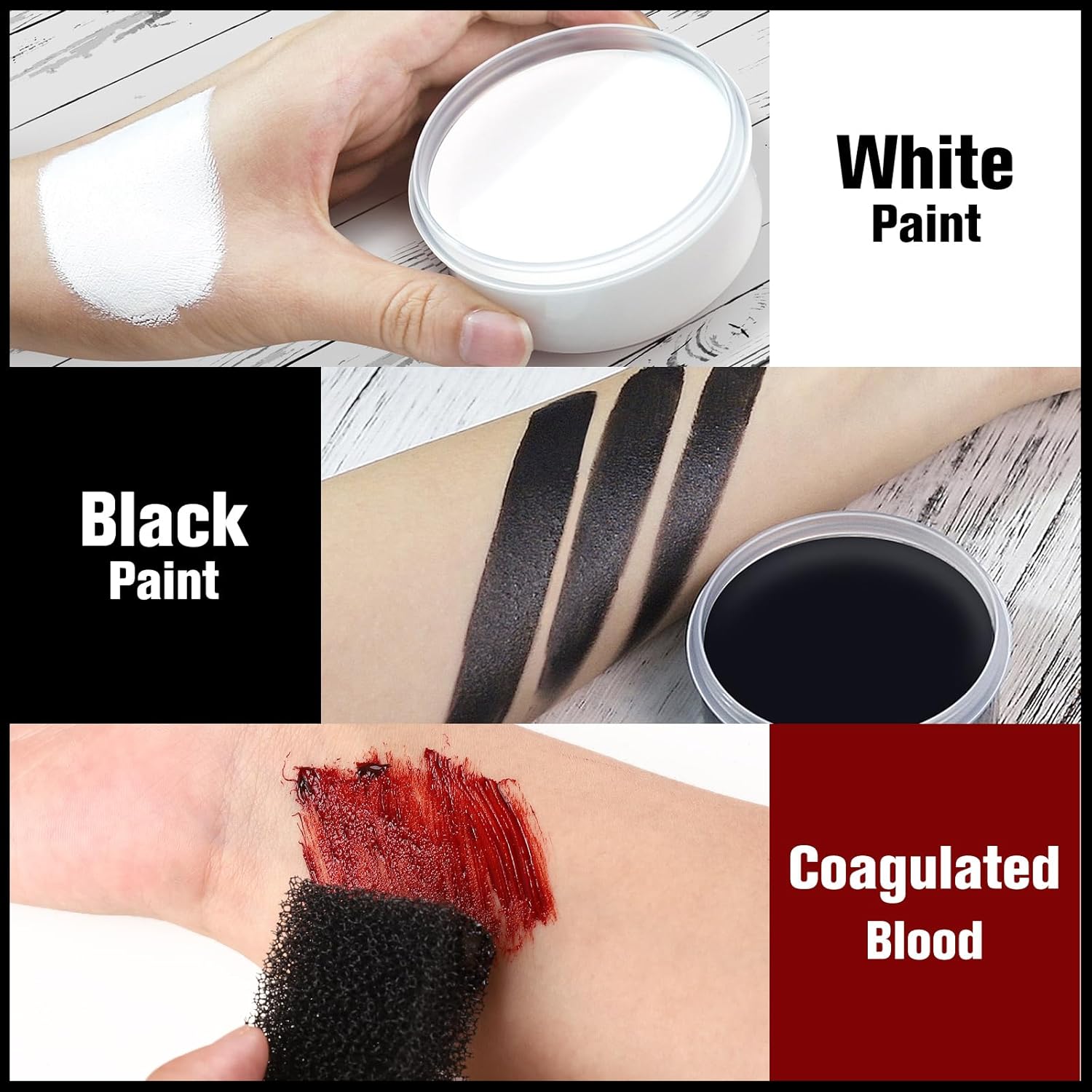BOBISUKA Pintura facial y corporal al óleo en blanco y negro + juego de gel de sangre falsa coagulada, kit de paleta de pintura profesional de gran