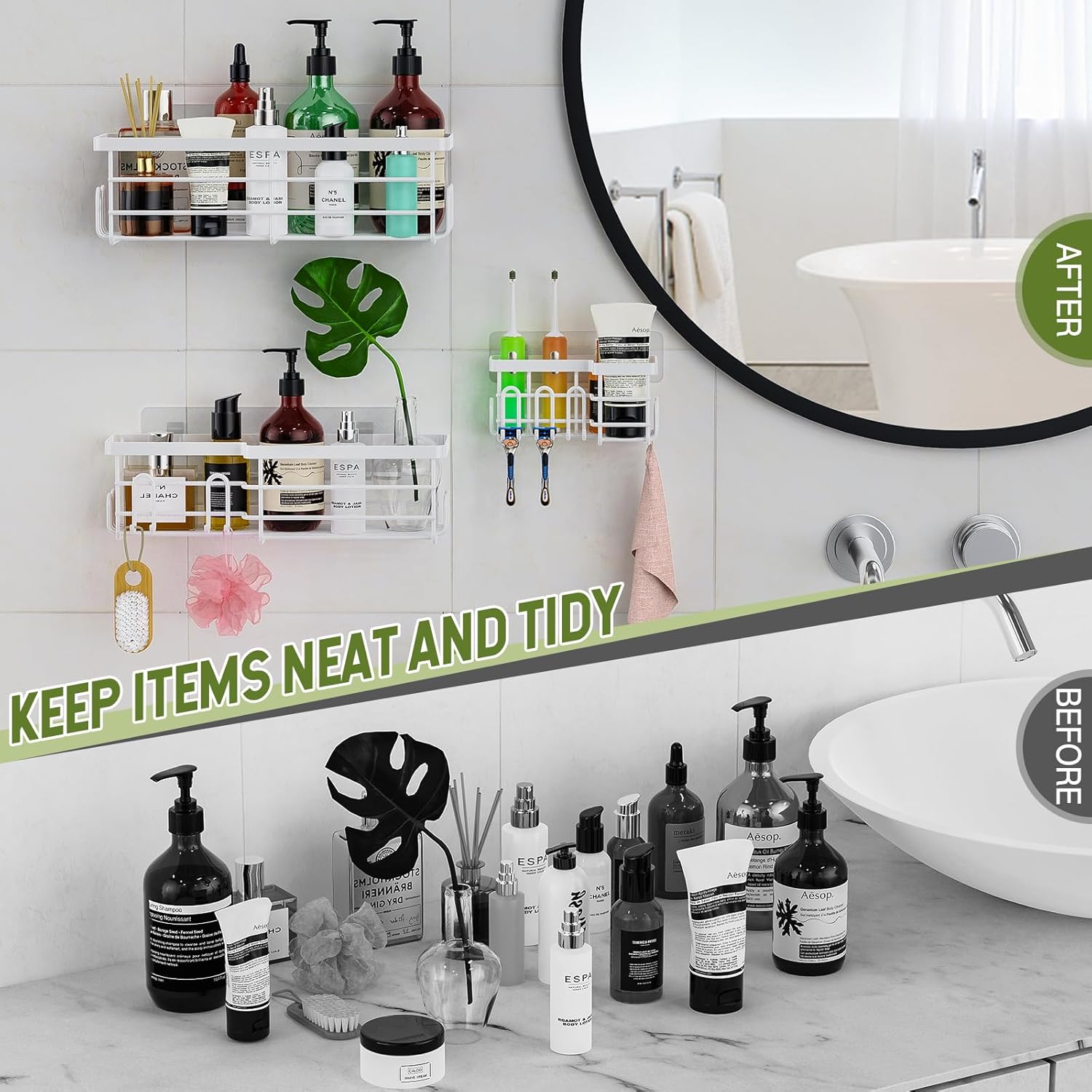 Uamector Estantes de ducha con fuerte adhesivo para ducha interior con 17 ganchos, organizador de pared para baño, baño, inodoro, cocina y
