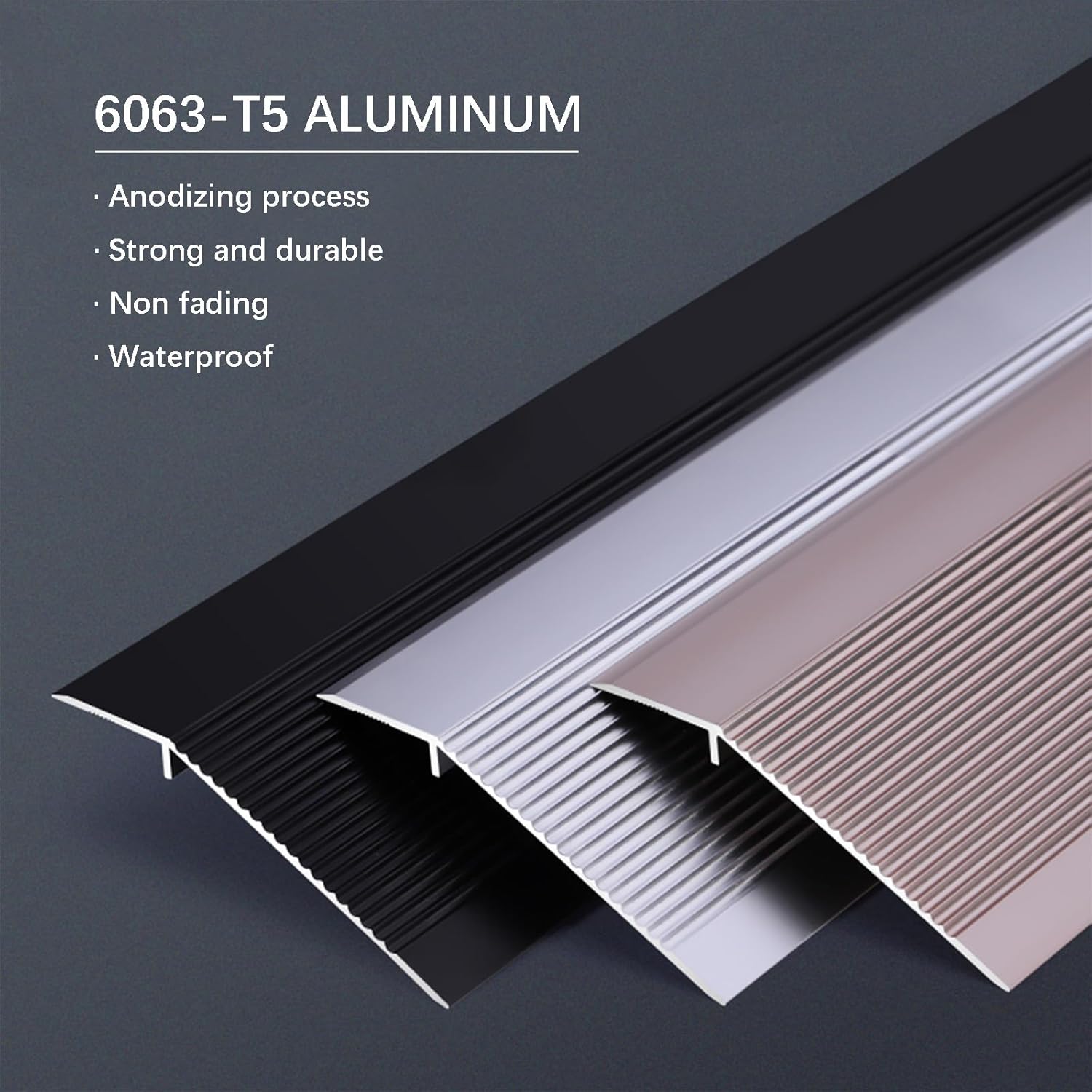 Surprecision Tira de umbral de transición de piso de aluminio, longitud de 86.614 in, metal resistente, cubierta antideslizante, reductor de