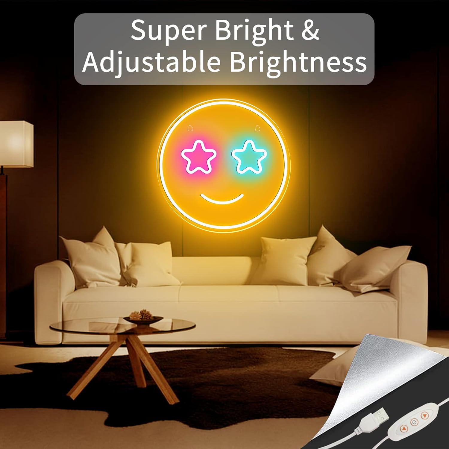 Letrero de neón de cara sonriente, letrero de neón regulable para decoración del hogar, luces LED de neón, decoración de pared, letrero de neón