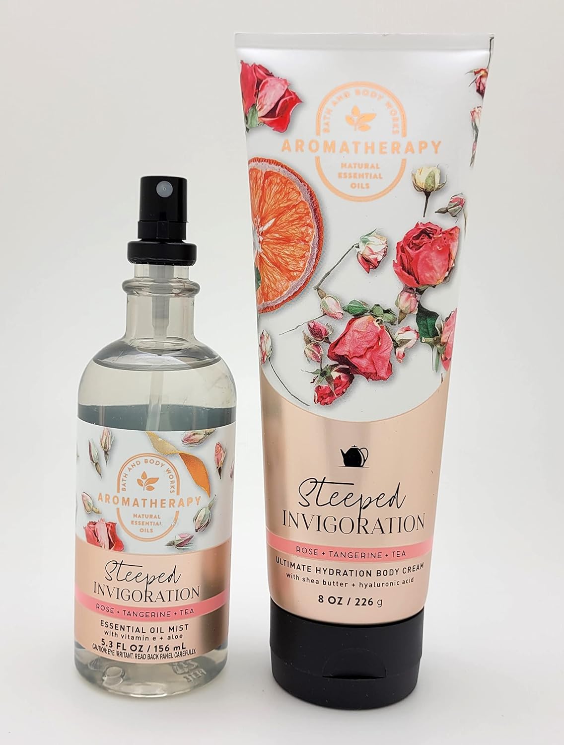 Bath & Body Works – Paquete de 2 piezas – Aromaterapia – Rosa + Mandarina + Té – Aceite Esencial Mist 5.3 fl oz y Crema Corporal Ultimate Hydration
