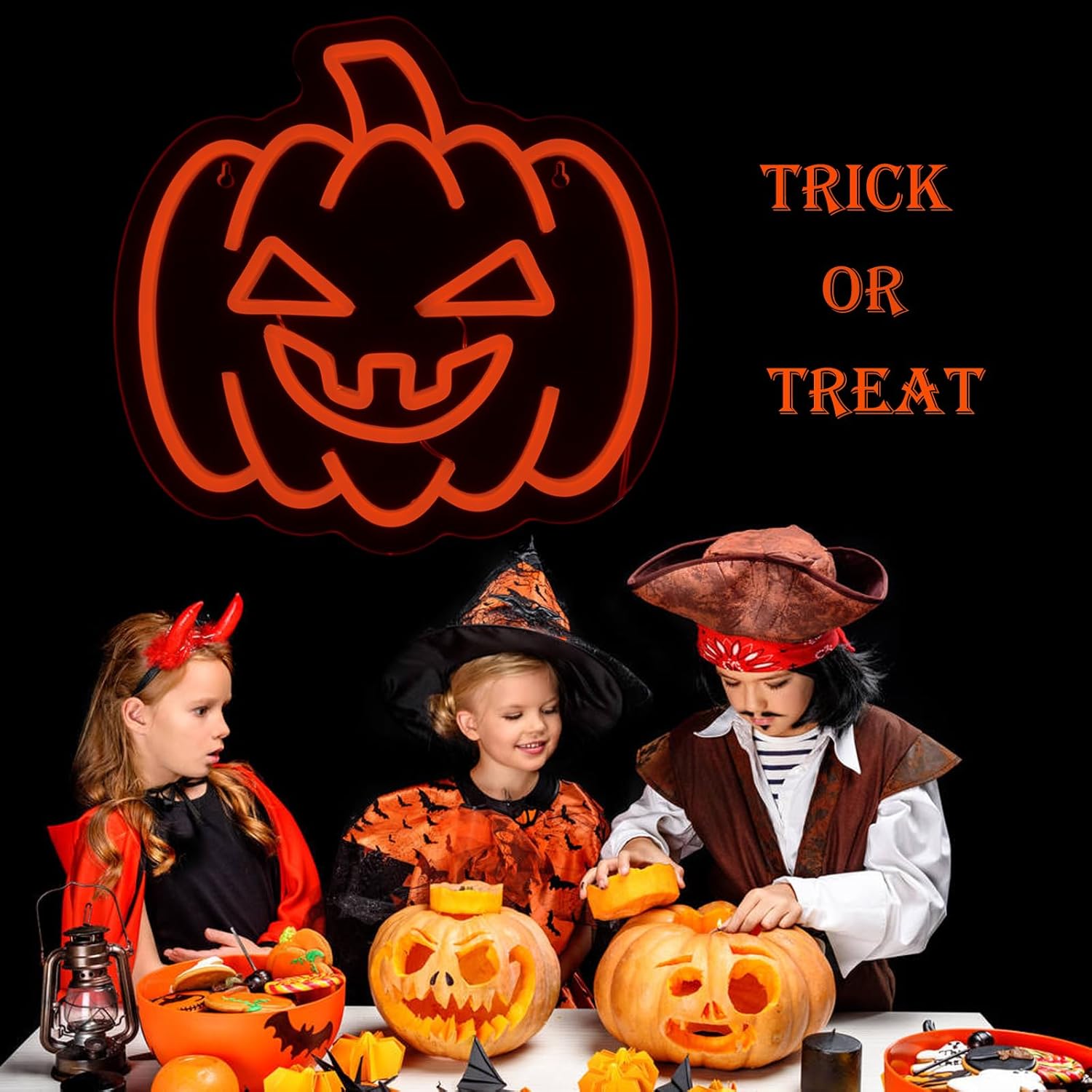 EMANNON Letrero de neón de Halloween, letrero de neón de calabaza para decoración de pared con interruptor regulable, letrero de calabaza naranja