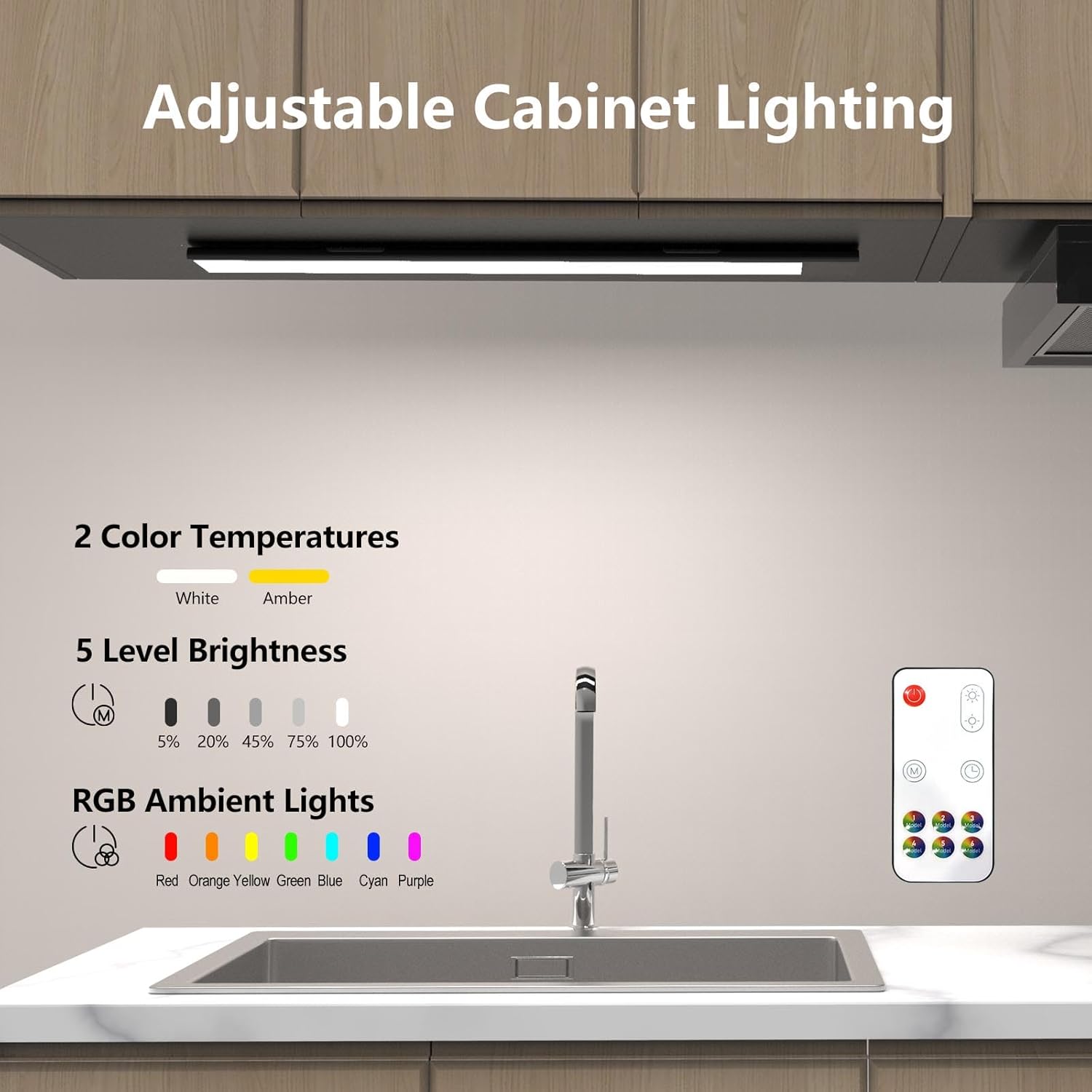 Luces LED RGB para debajo del gabinete, luz LED RGB con cambio de color recargable, funciona con pilas, iluminación debajo de la encimera con