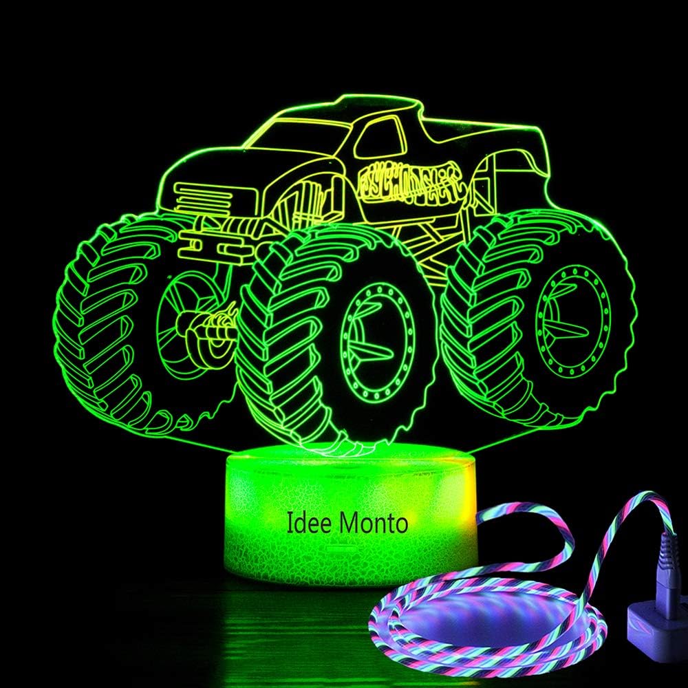 Idee Monto Hot Wheels Monster Truck Jam, Monster Trucks para niños, camión monstruo zombi, lámpara de ilusión LED 3D, luces nocturnas para niños