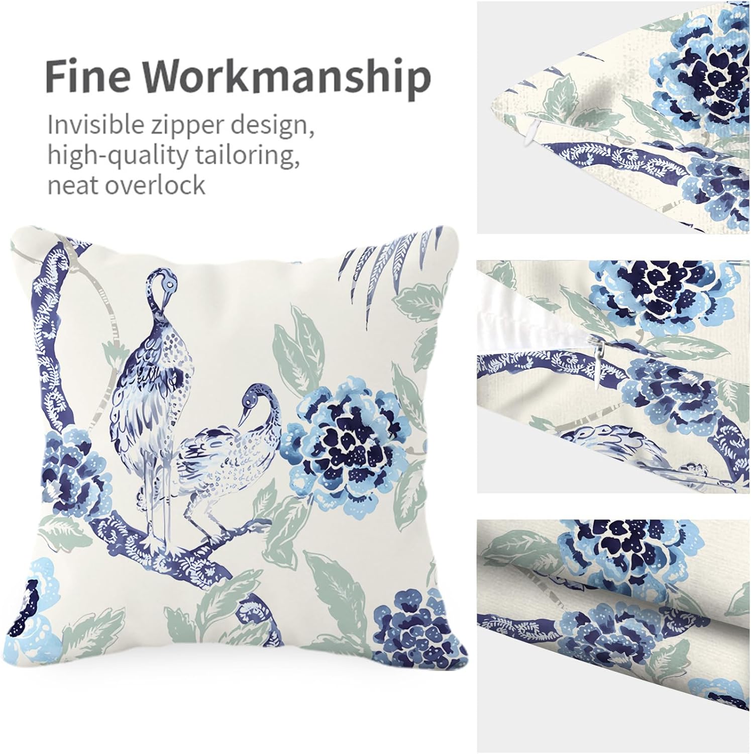 Chinoiserie – Juego de 2 fundas de almohada de 18 x 18 pulgadas, color azul y blanco, fundas de almohada decorativas de lino para exteriores, fundas