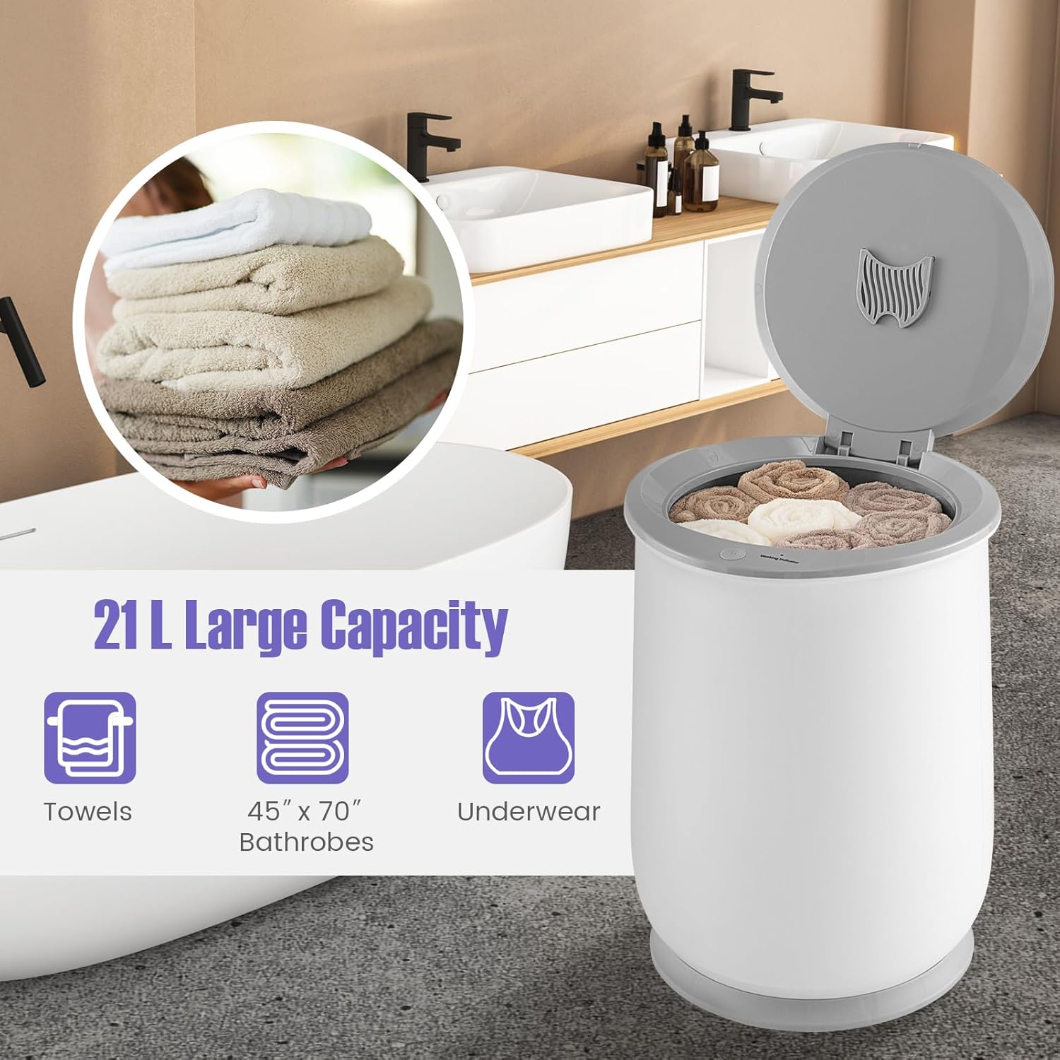 Tangkula Cubo calentador de toallas para baño, barril calentador de toallas con tapa abatible de 21 litros con bloqueo de seguridad, apagado