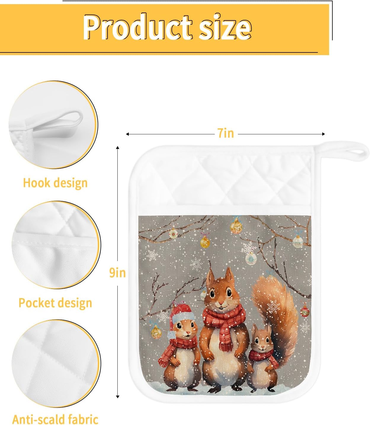 Xmas 3Pcs Pot Holders for Kitchen,Non Slip & Heat Insulation Terry Cloth Potholder Set with Pocket,Thick Hot Pad Oven Mitts Trivet Coaster for
